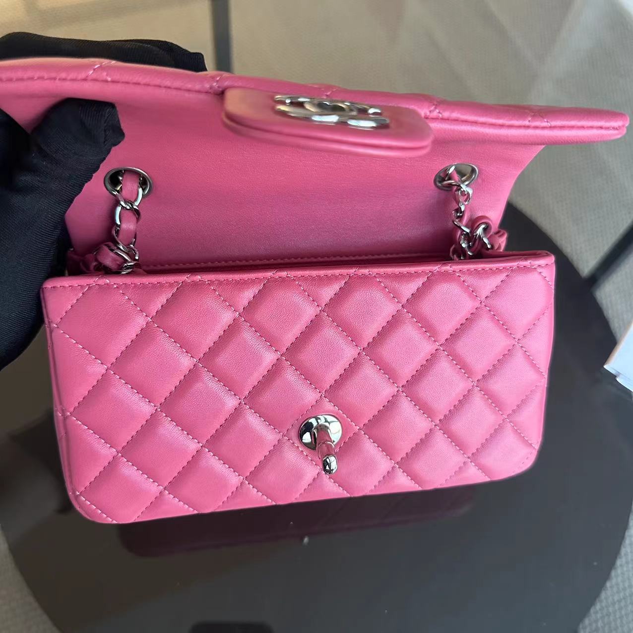 Chanel Mini Rectangle Pink Quilted Lambskin Classic Flap Bag with Silver Hardware Series 28