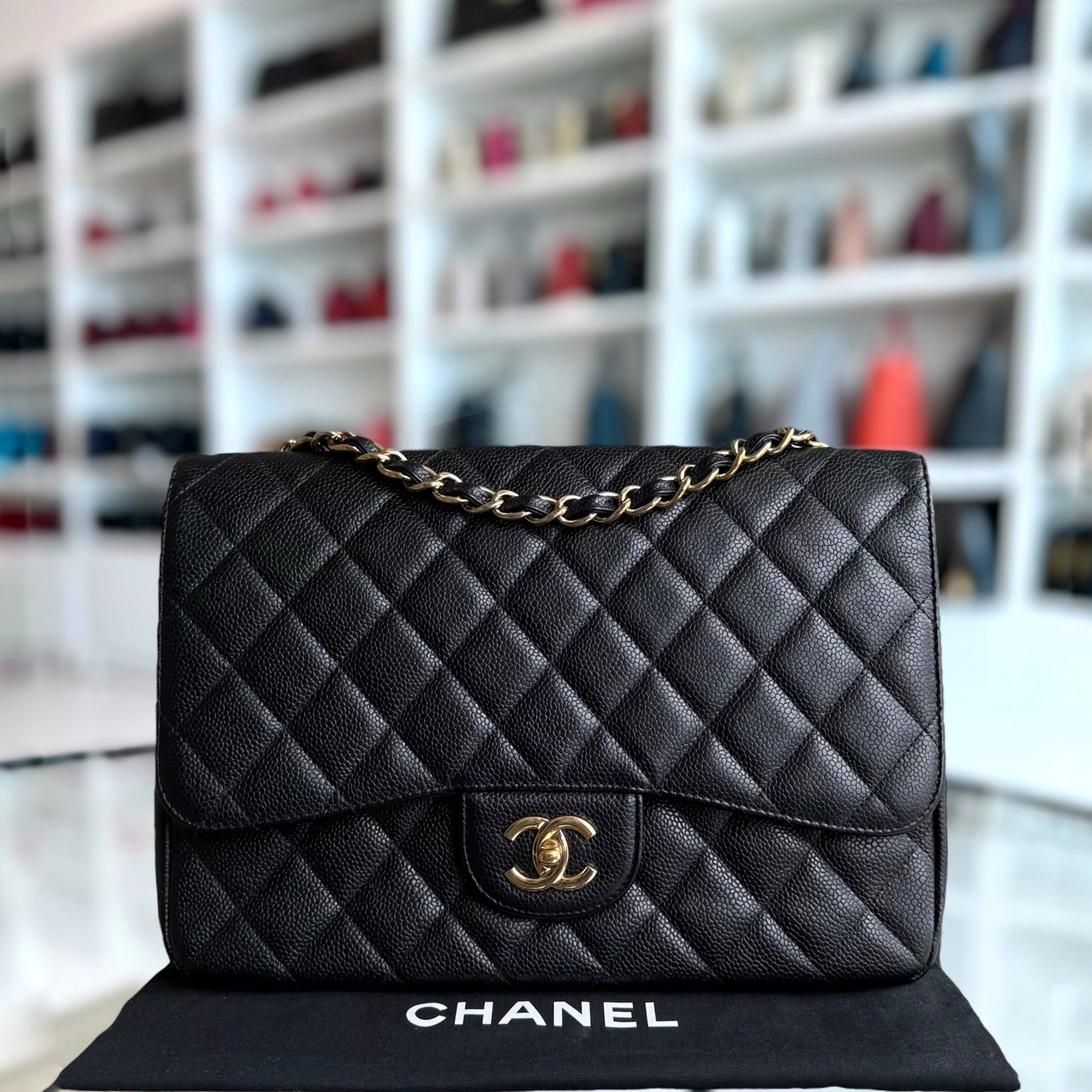 Chanel Classic Flap Maxi - Caviar 33CM Single Flap Black Gold Hardware Series 13