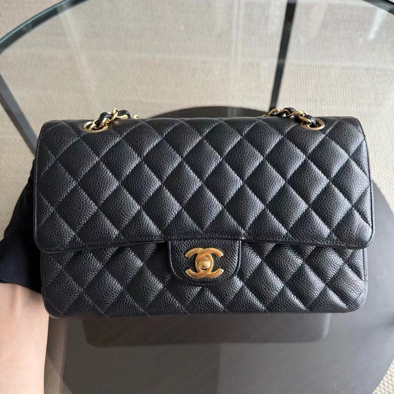 Chanel Classic Flap Medium - Caviar Double Flap Quilted Calfskin Black Gold Hardware Series 19