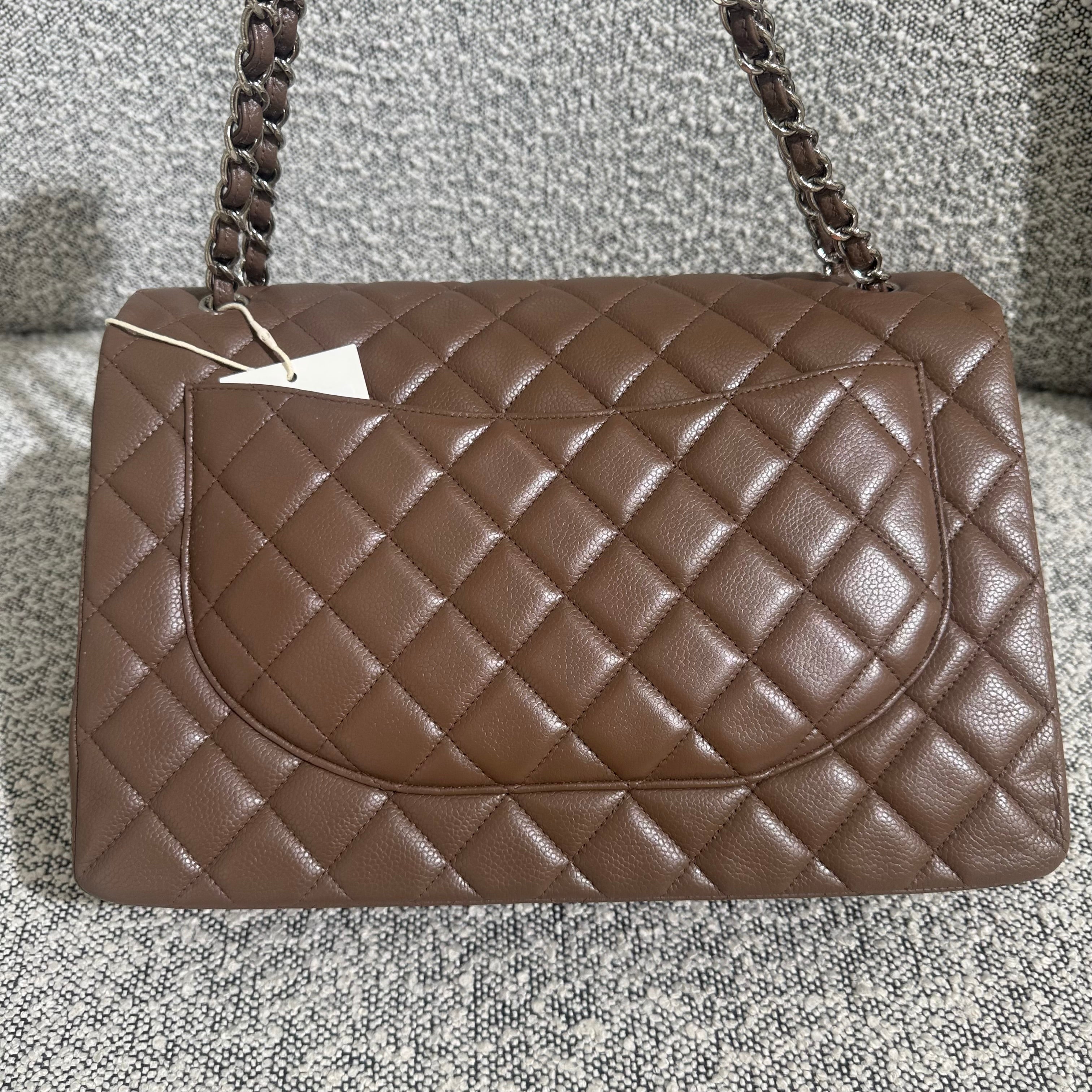 Chanel Classic Flap Maxi - Caviar 33CM Single Flap Quilted Brown Silver Harware