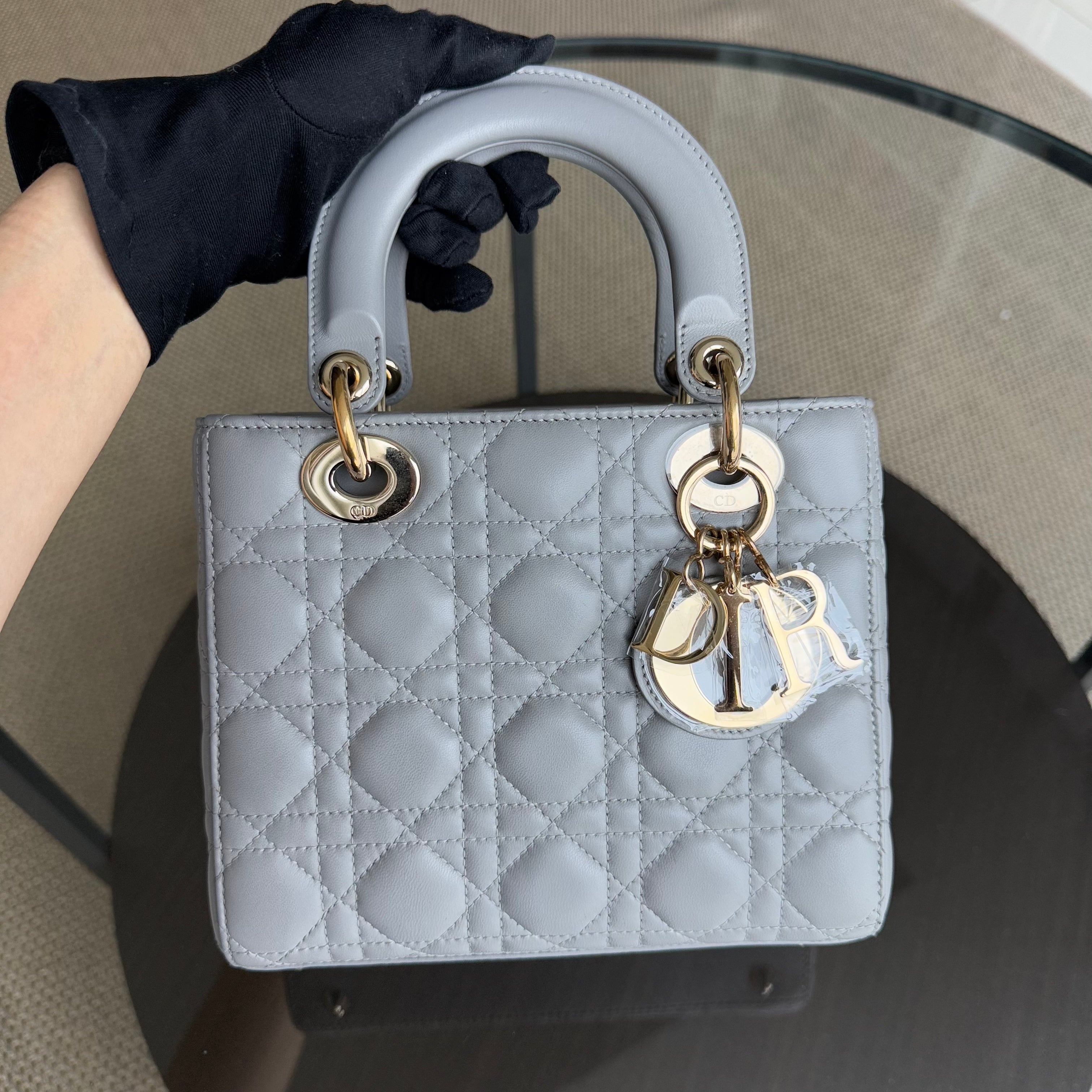 Dior Lady Small - Cannage Lambskin Grey Gray Gold Hardware