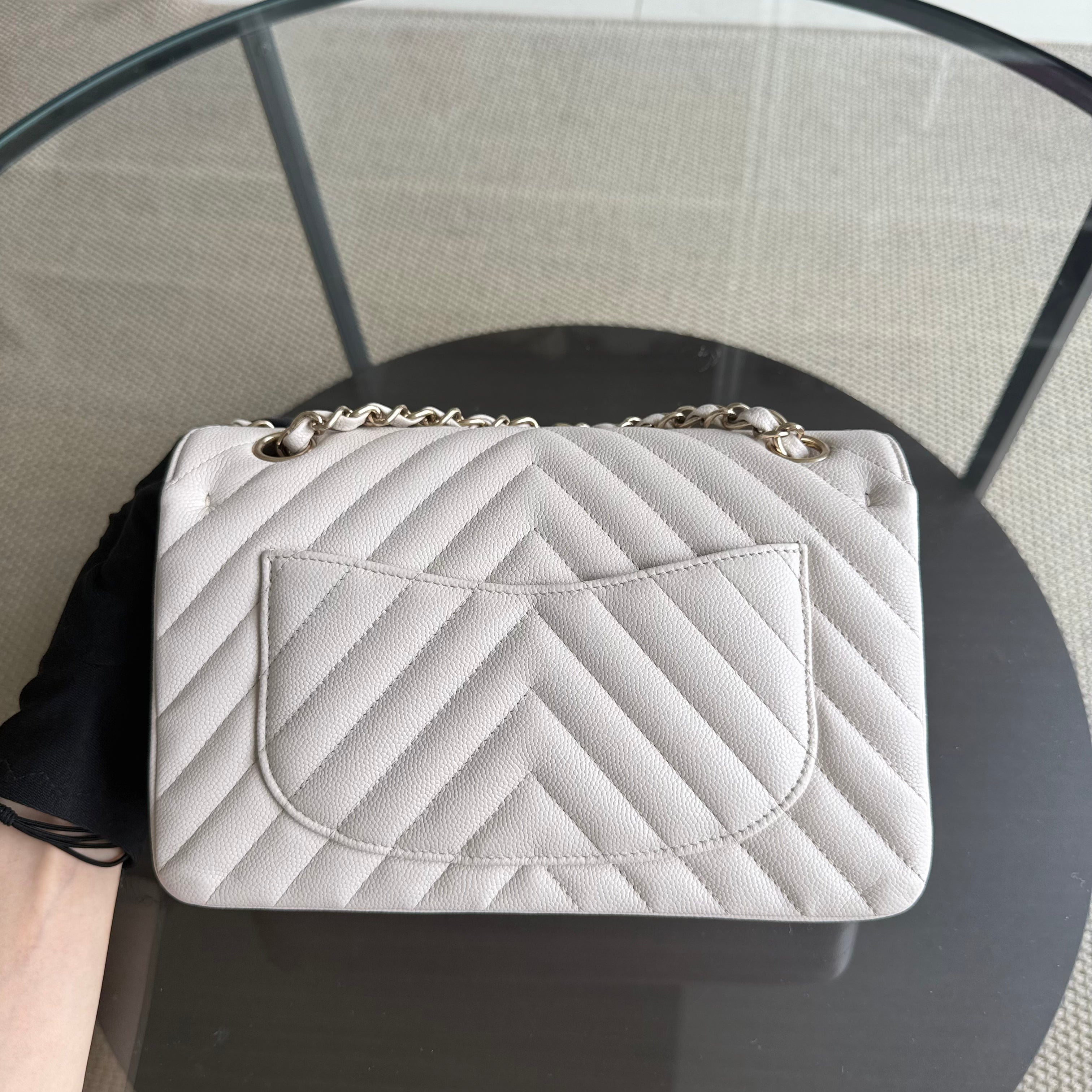 Chanel Classic Flap Small - Caviar 23CM Chevron Cream White Gold Hardware Series 26