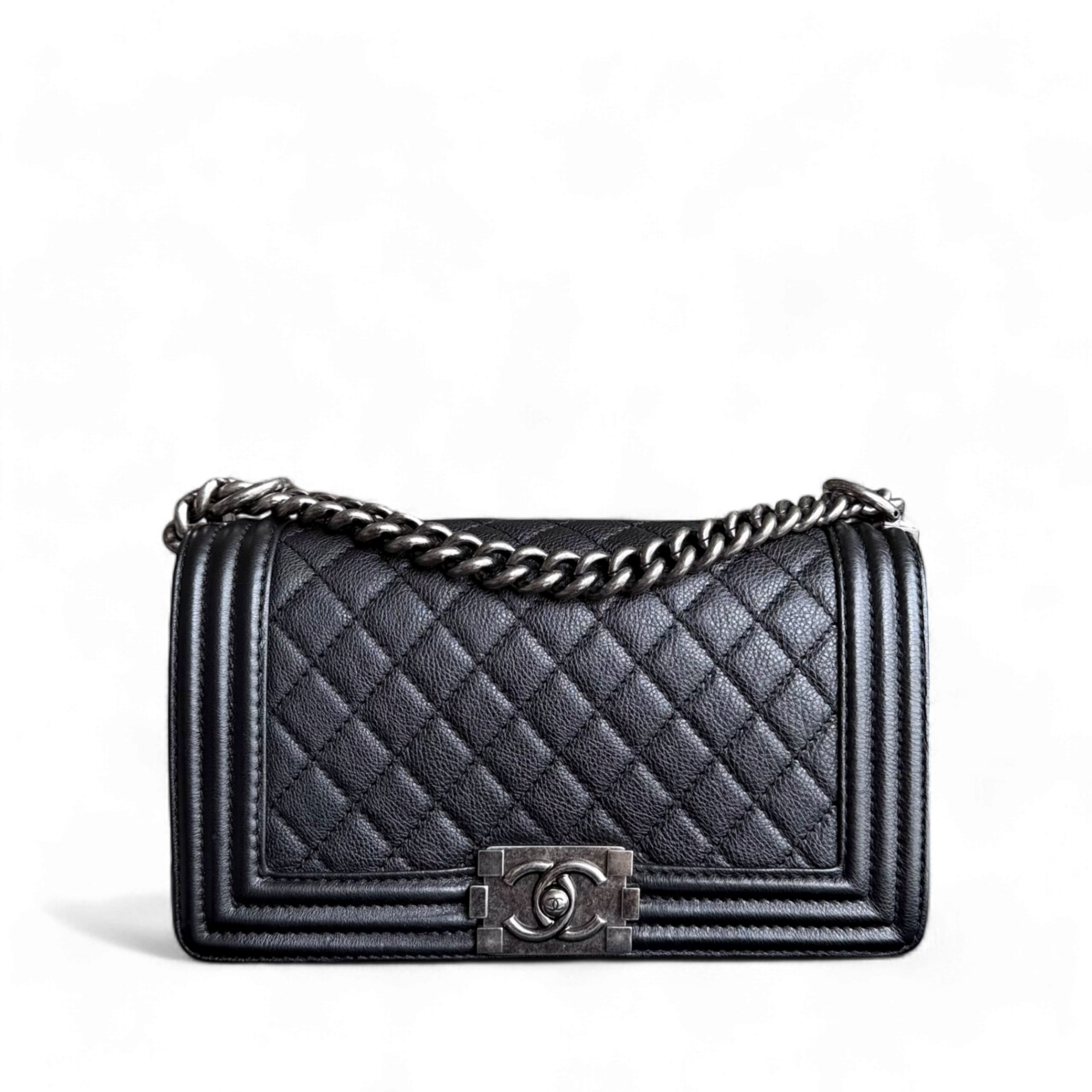 Chanel Boy Medium - 25CM Quilted Grained Calfskin Black Ruthenium Silver Hardware Series 18