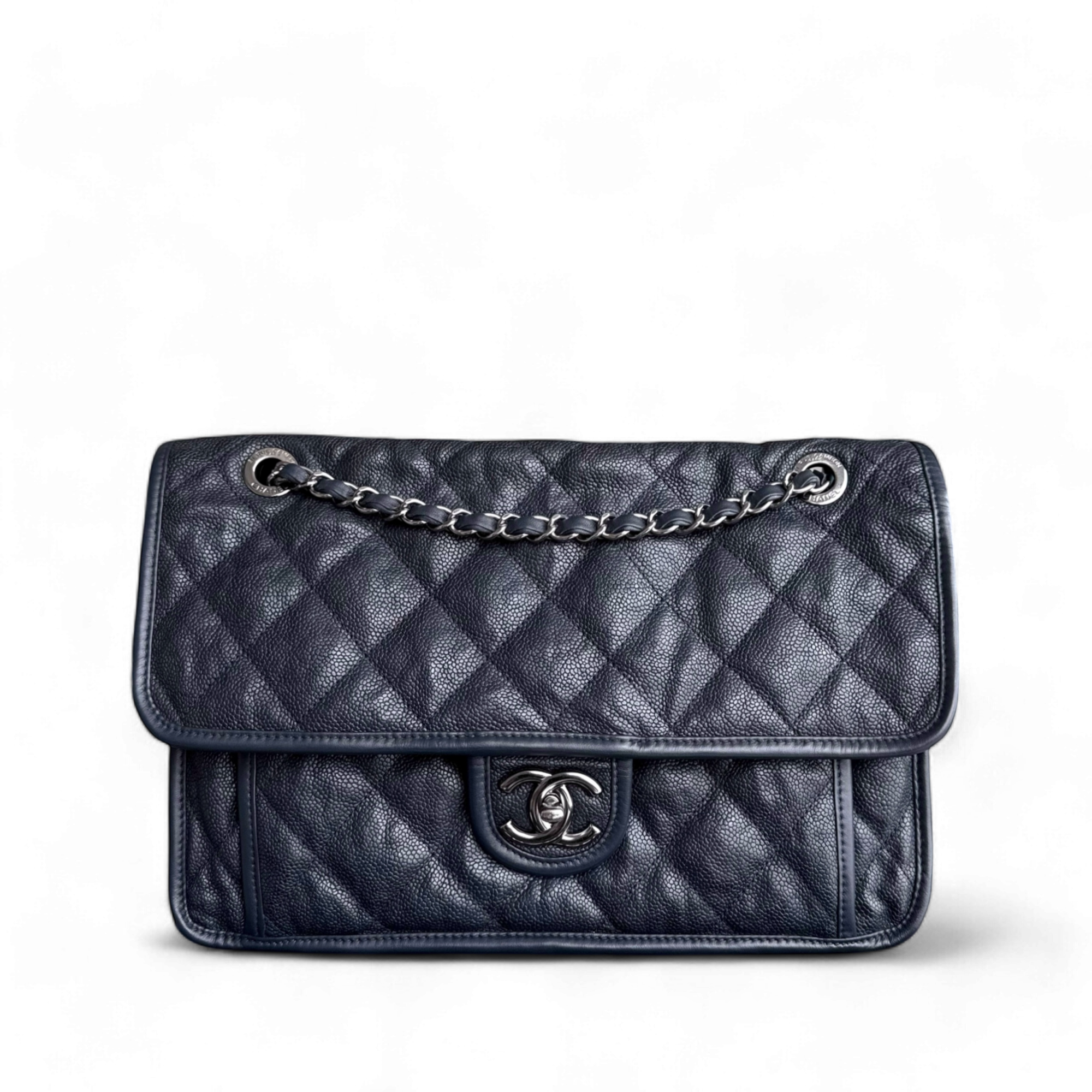 Chanel French Riviera Jumbo - Caviar 30CM Quilted Dark Navy Blue Silver Hardware Series 19