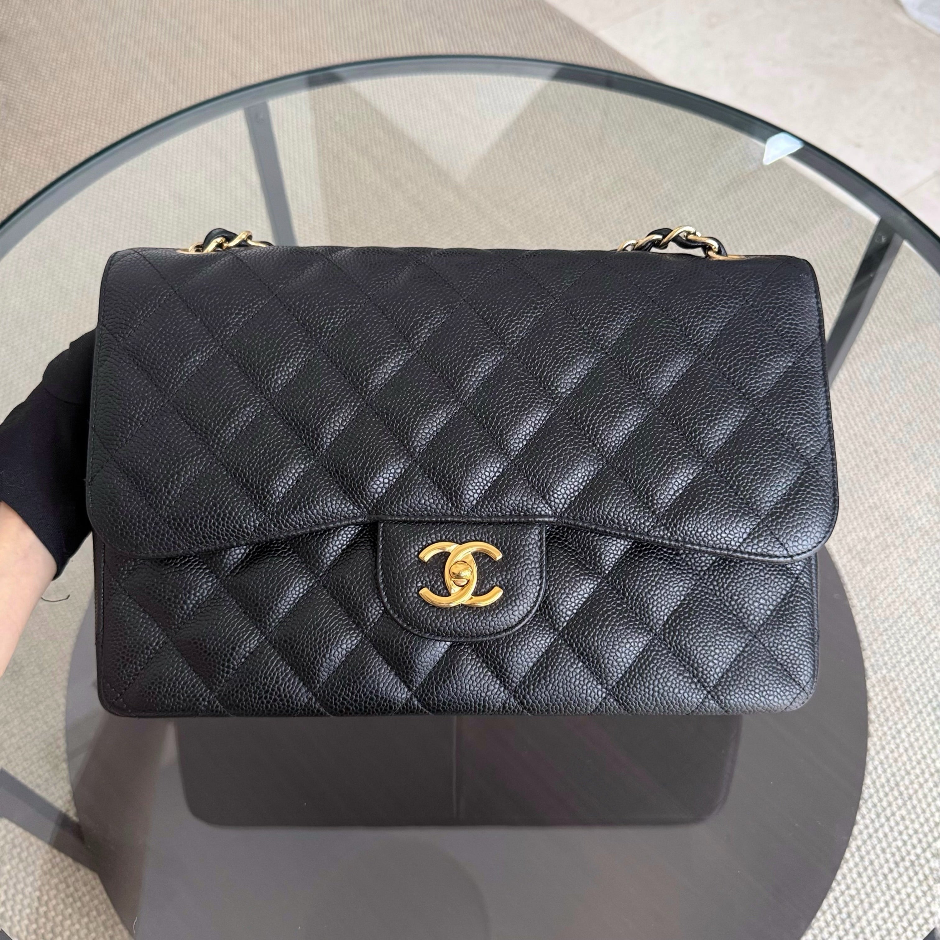 Chanel Classic Flap Jumbo - Caviar 30CM Double Flap Quilted Grained Calfskin Black Gold Hardware Series 19
