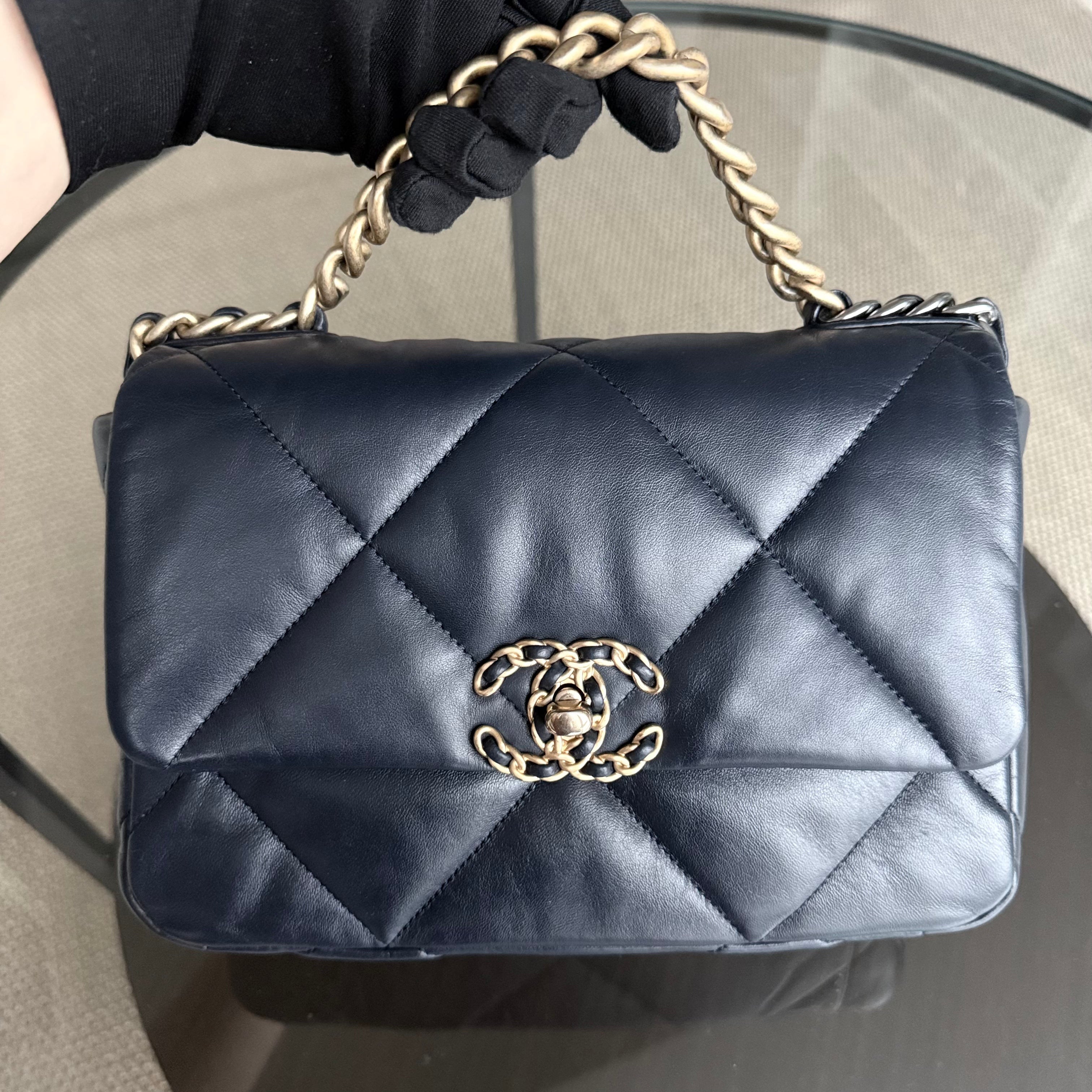 Chanel 19 Bag Small - Quilted Goatskin Dark Navy Blue Two-Tone Gold Hardware Series 31