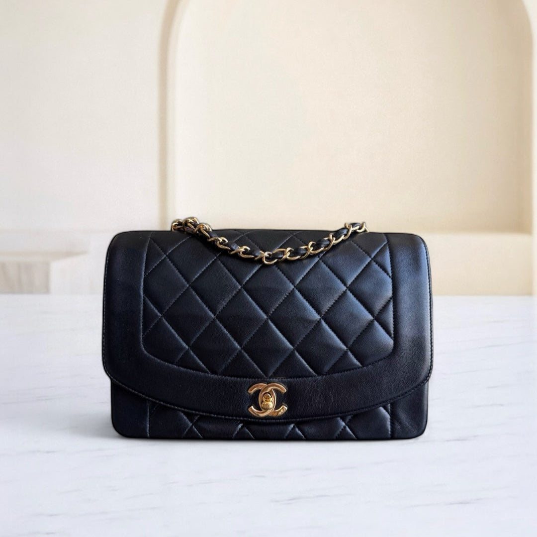 Chanel Diana Vintage - 25CM Quilted Lambskin Black Gold Hardware Series 3