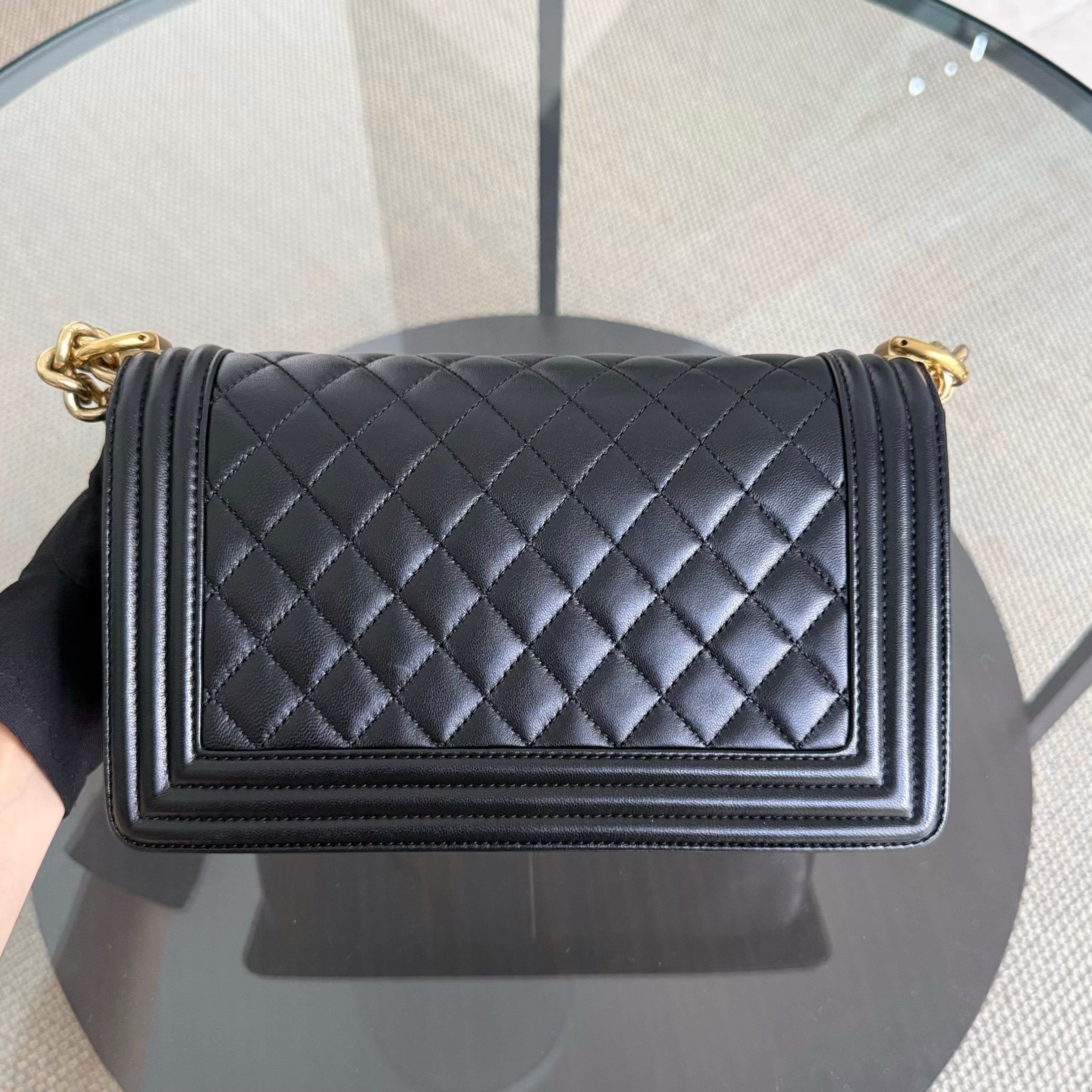 Chanel Boy Medium - Lambskin 25CM Quilted Black Gold Hardware Series 23