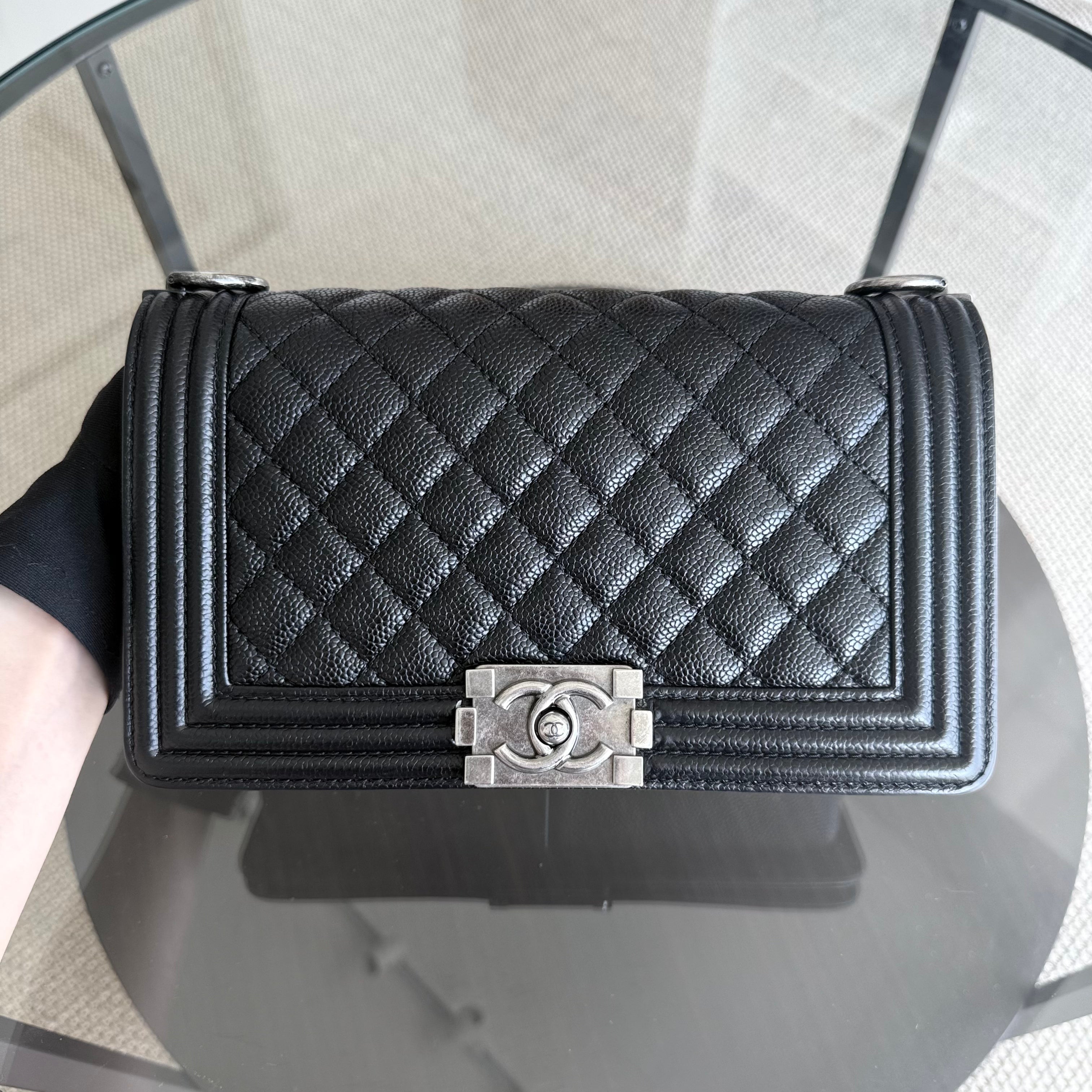 Chanel Boy Medium - Caviar 25CM Quilted Black Ruthenium Silver Hardware Series 19