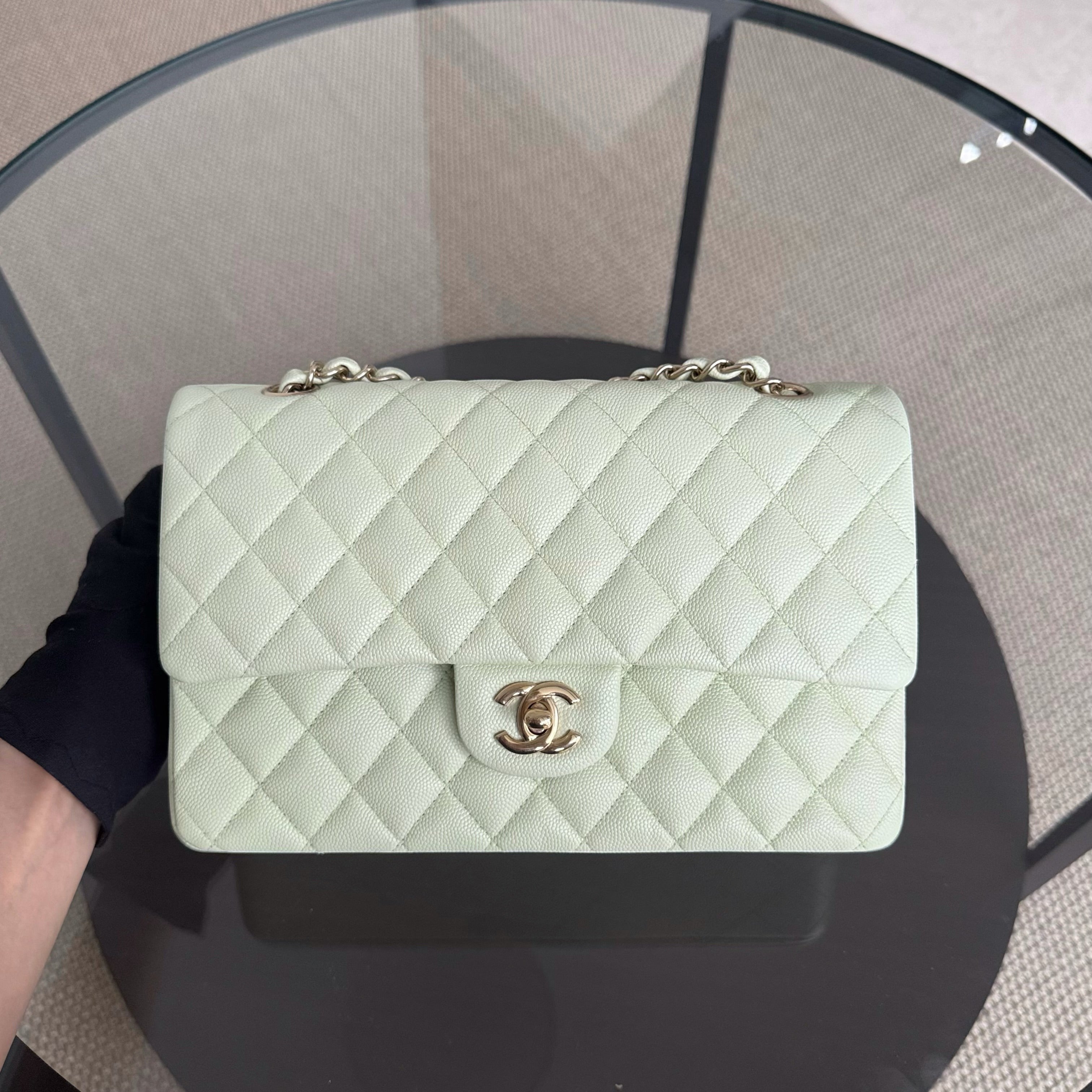 Chanel Classic Flap Medium - Caviar 25CM Quilted Light Green Gold Hardware Microchip