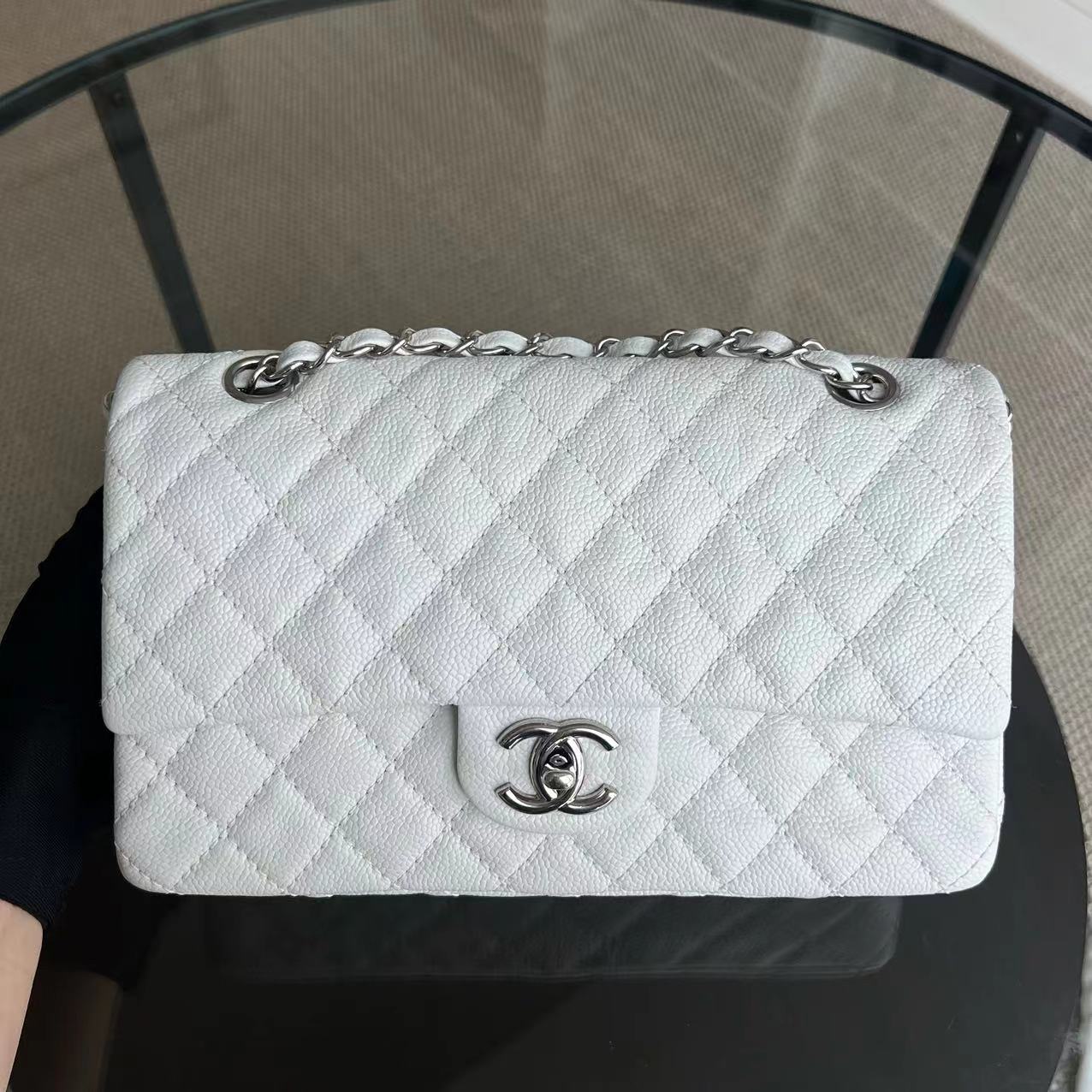 Chanel Classic Flap Caviar Calfskin White Silver Hardware Series 12