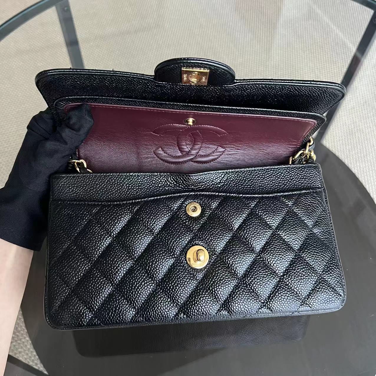 Small Caviar Classic Flap Quilted Grained Calfskin Black Golden Hardware Series 15