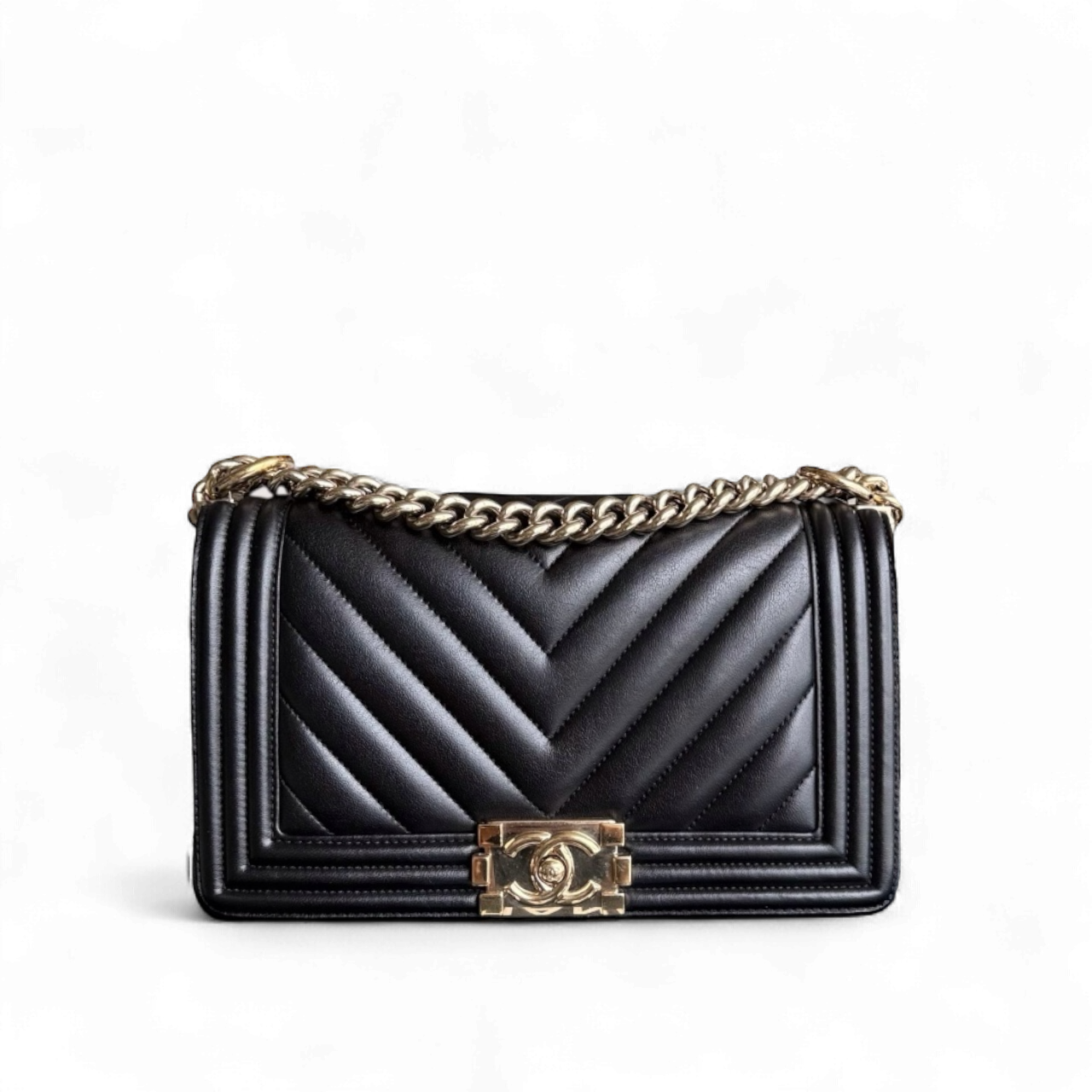 Chanel Boy Medium - 25CM Chevron Calfskin Black Aged Gold Hardware Series 23