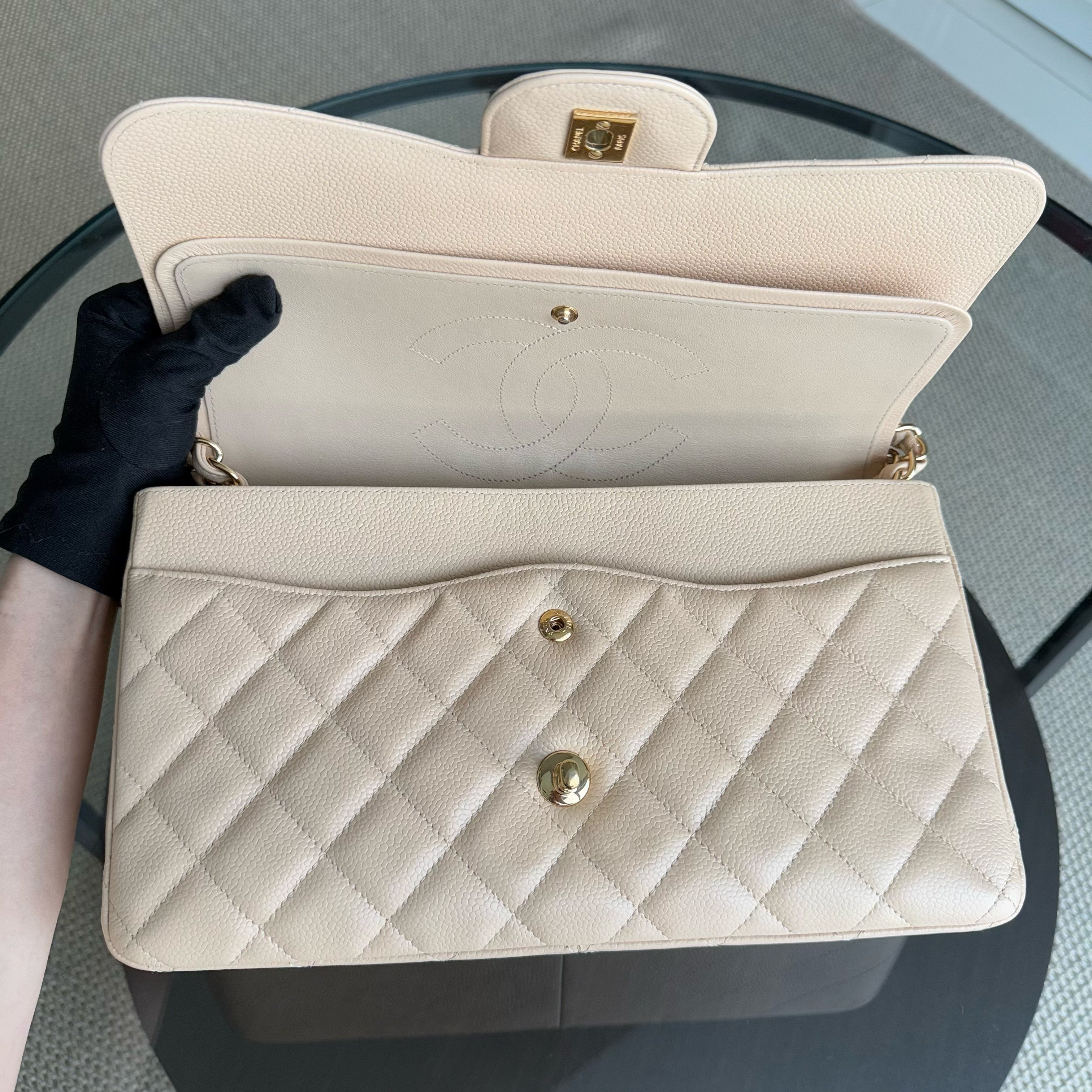 Chanel Classic Flap Jumbo - Caviar 30CM Double Flap Quilted Beige Gold Hardware Series 14