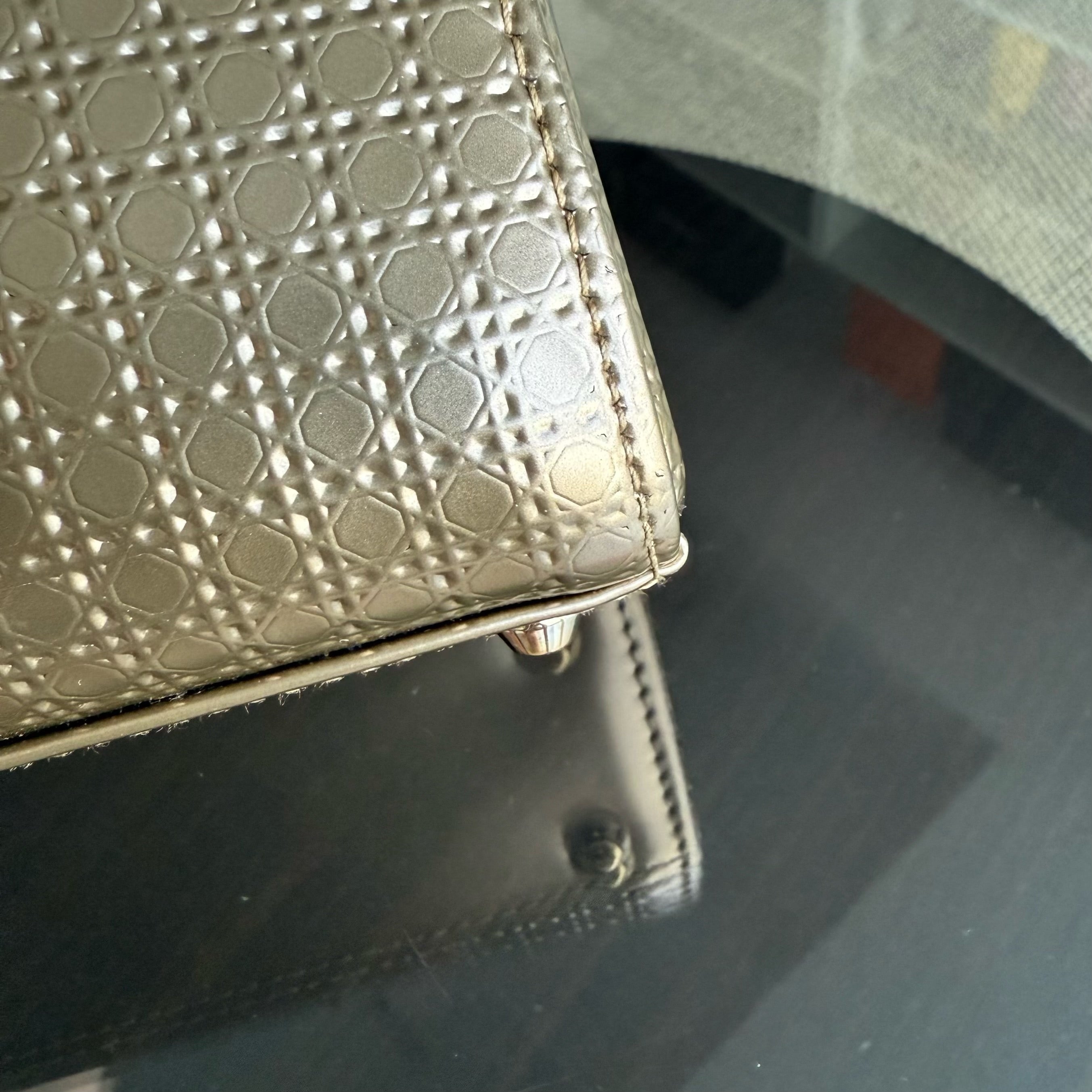 Dior Lady Mini - Calfskin Micro-Cannage Metallic Gold Gold Hardware Chain Strap