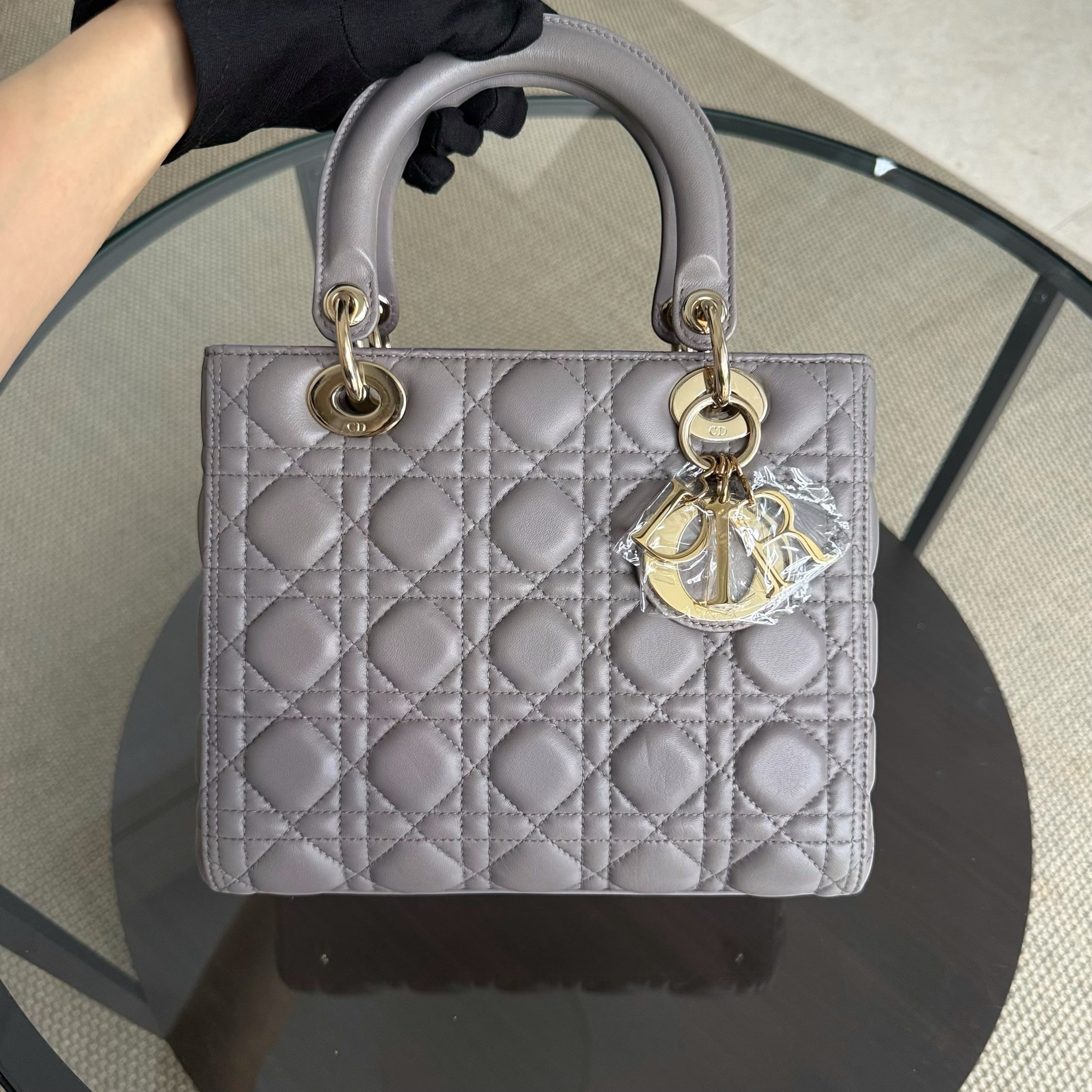 Dior Lady Medium - Cannage Lambskin Gray Grey Gold Hardware Adjustable Strap