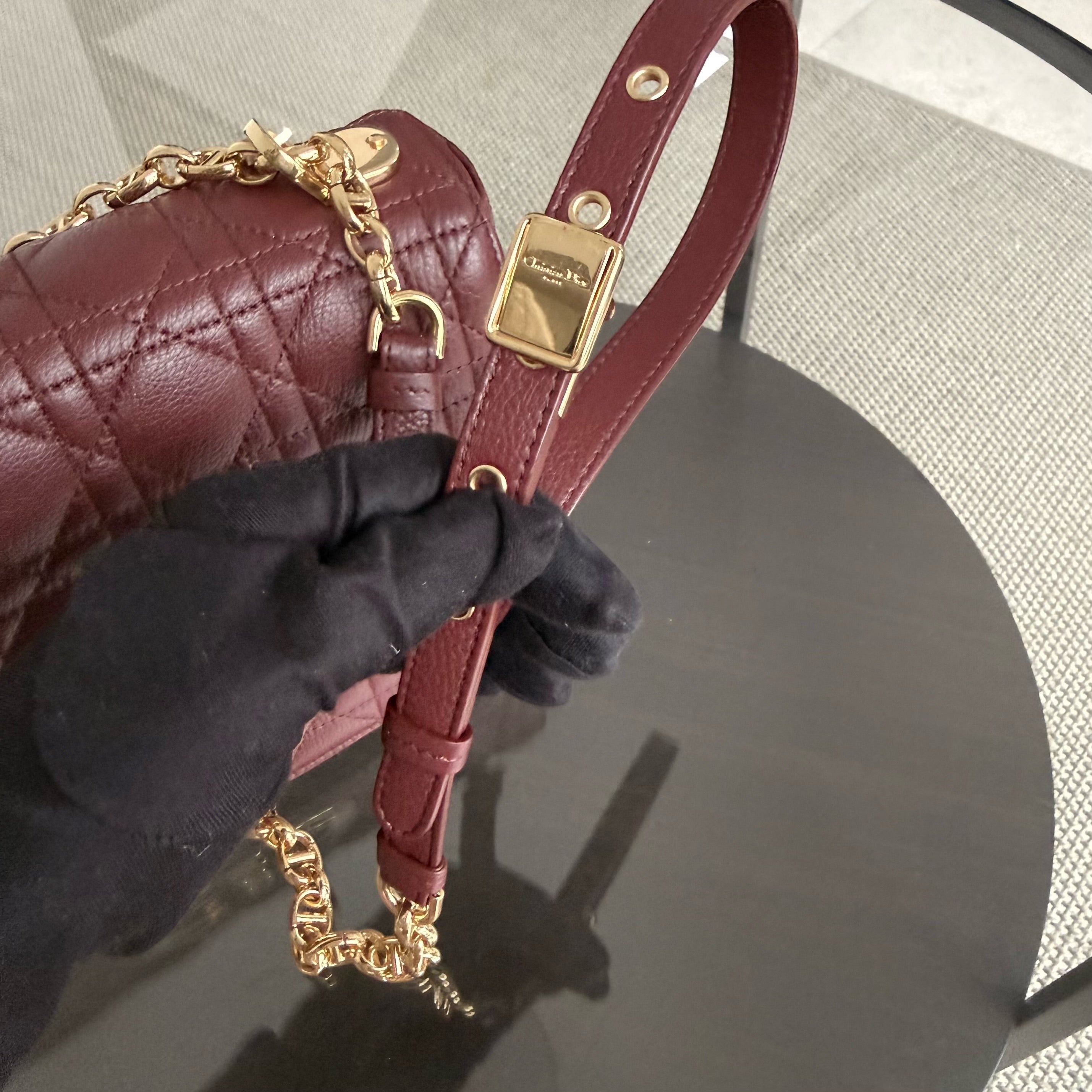 Dior Caro Medium - Cannage Grained Calfskin Burgundy Gold Hardware
