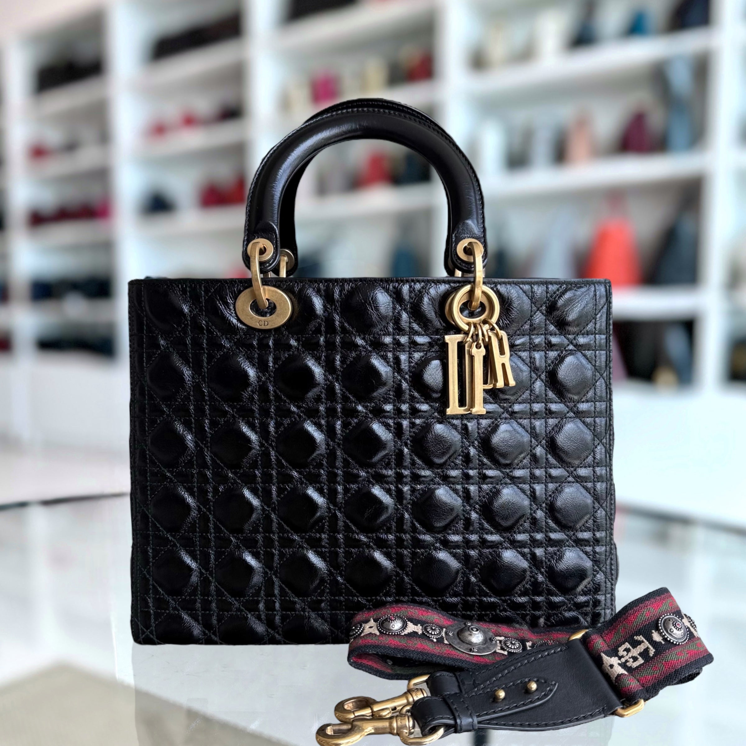 Dior Lady Large Flap - Glazed Calfskin Cannage Black Gold Hardware