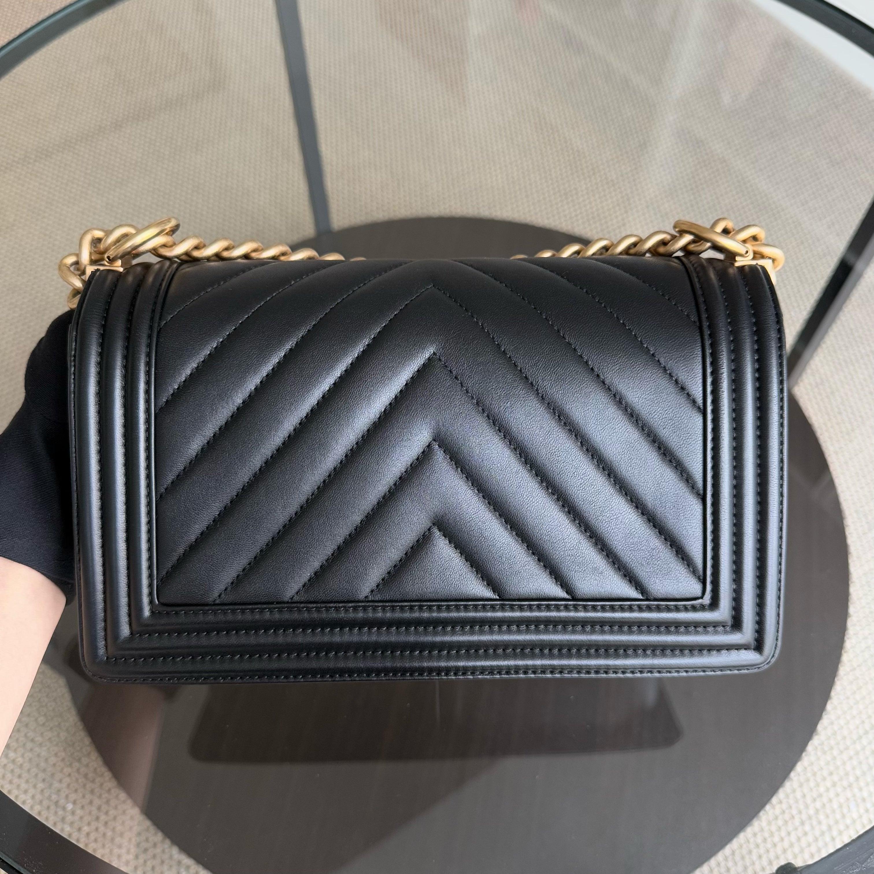 Chanel Boy Medium - Calfskin 25CM Chevron Black Gold Hardware Series 24