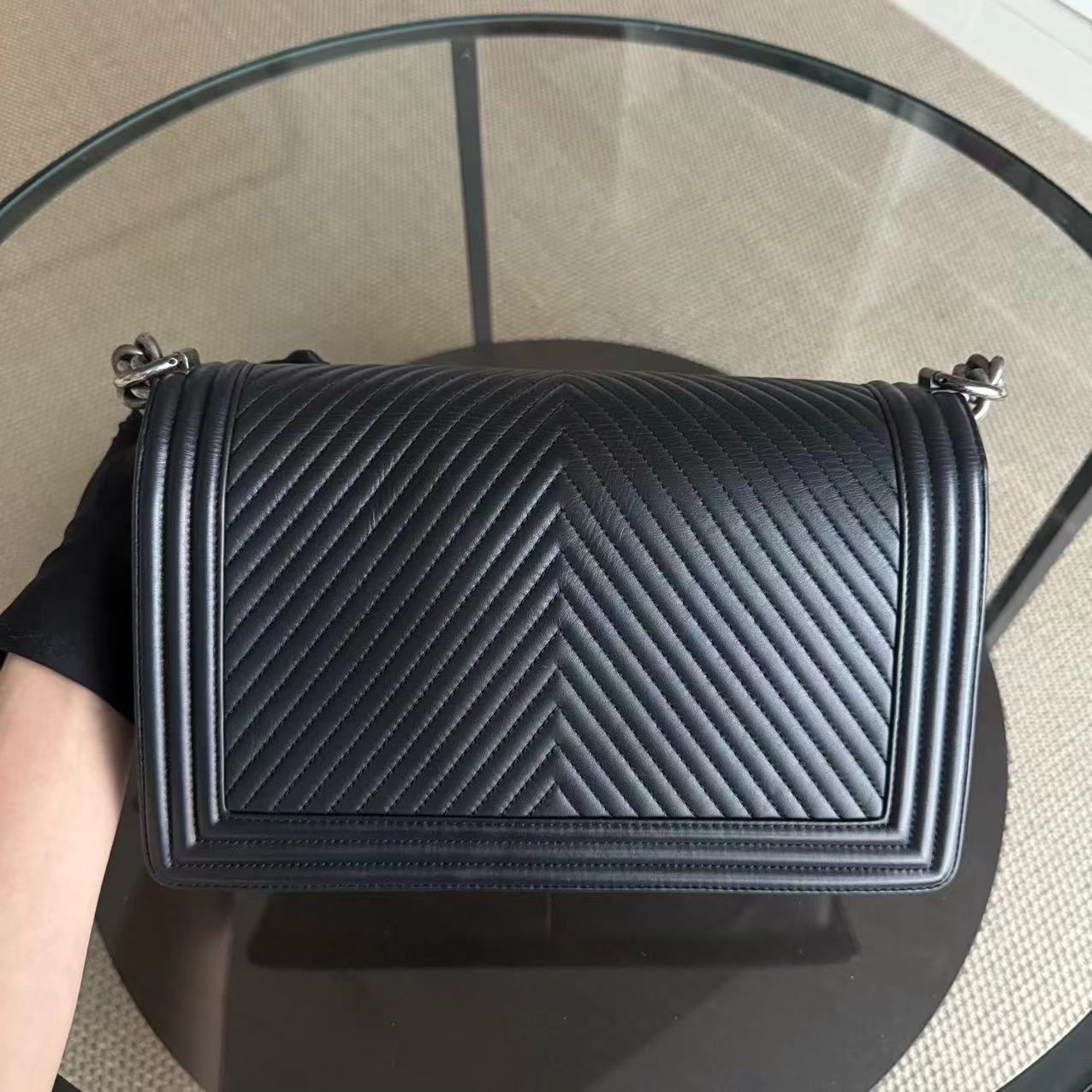 Chanel Boy Medium - 28CM Chevron Calfskin Black Ruthenium Palladium Silver Hardware Series 20