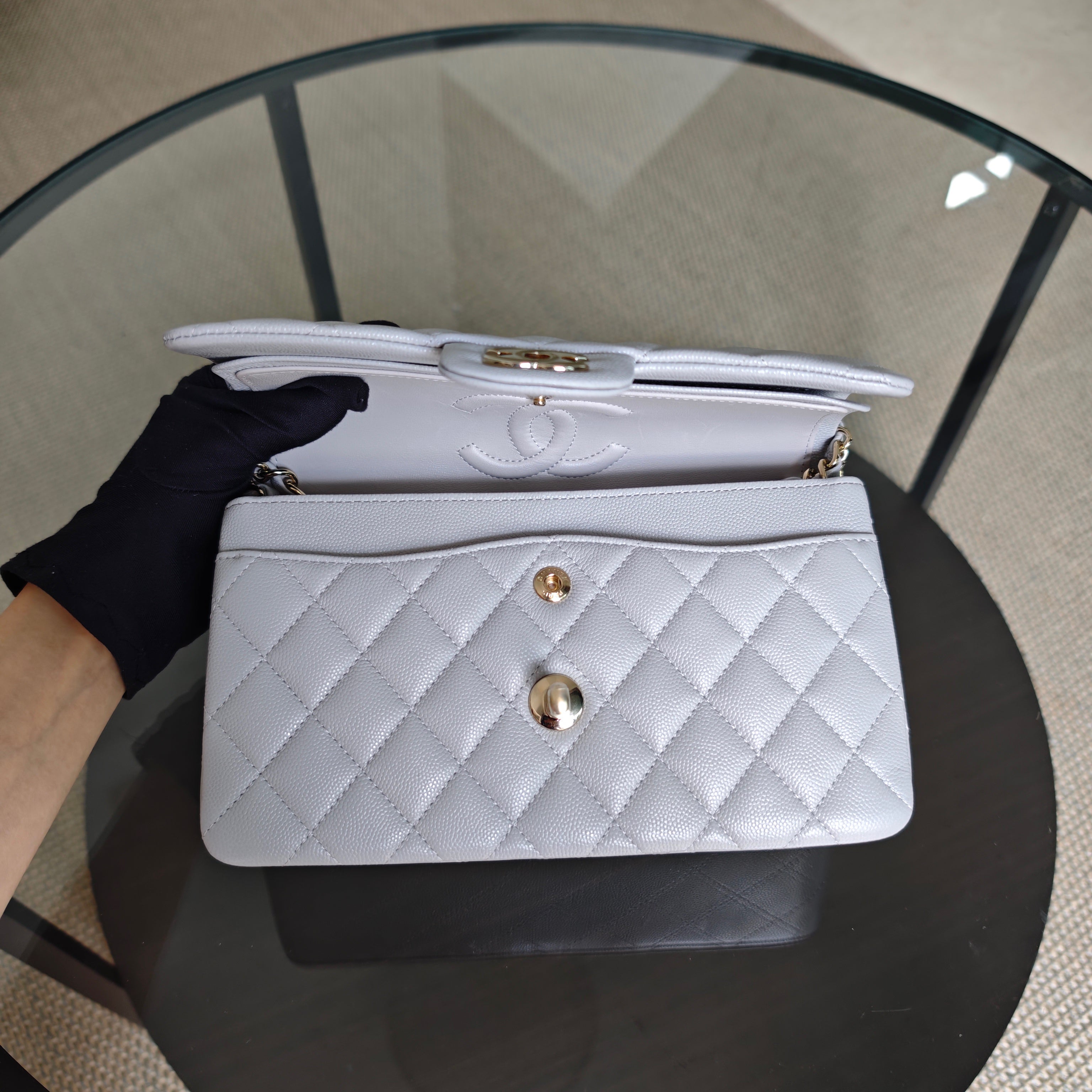 Chanel Classic Flap Small - Caviar 23CM Quilted Gray Grey Light Gold Hardware Microchip