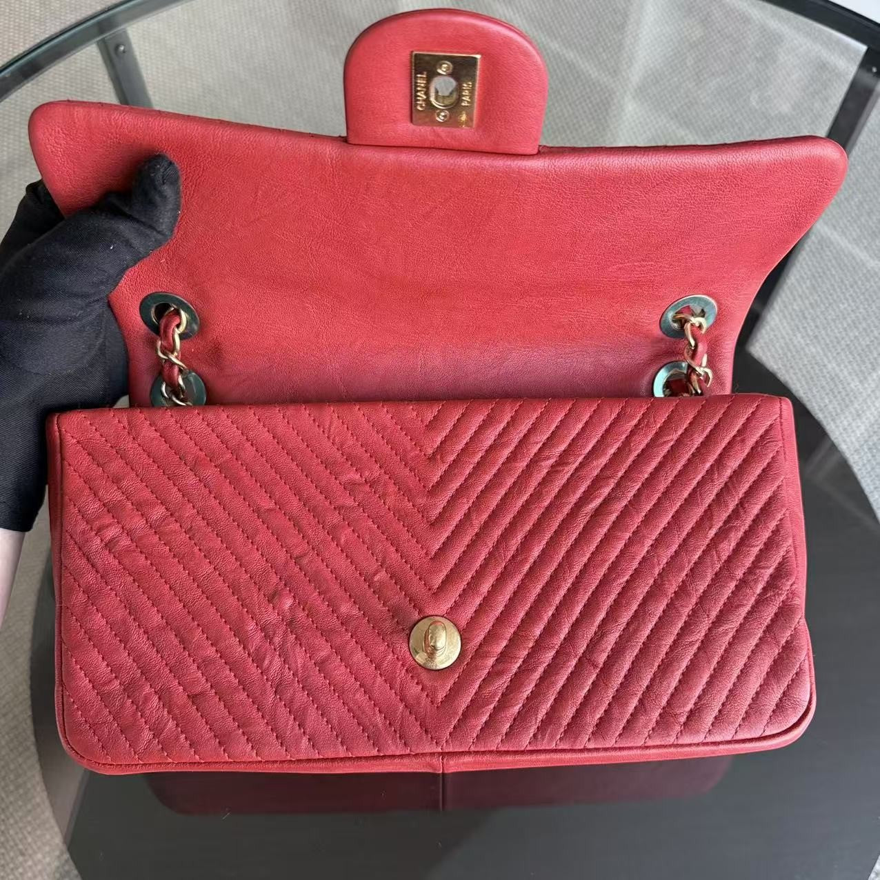 Chanel Herringbone Medallion - Chevron Seasonal Flap Red Calfskin Aged Gold Hardware