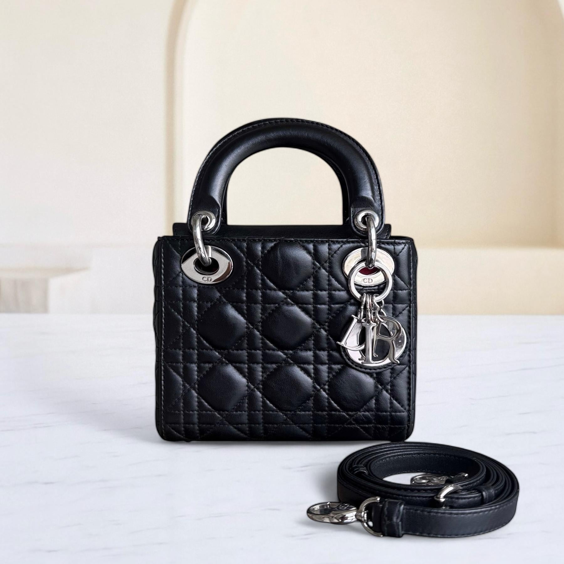 Dior Lady Mini - Cannage Lambskin Black Silver Hardware Adjustable Strap