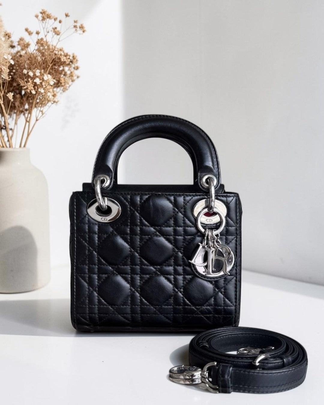 Dior Lady Mini - Cannage Lambskin Black Silver Hardware Adjustable Strap