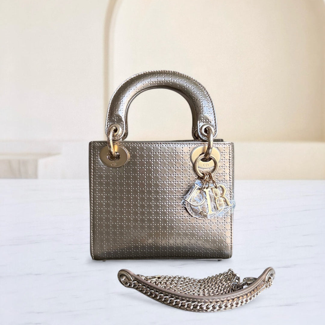 Dior Lady Mini - Calfskin Micro-Cannage Metallic Gold Gold Hardware Chain Strap