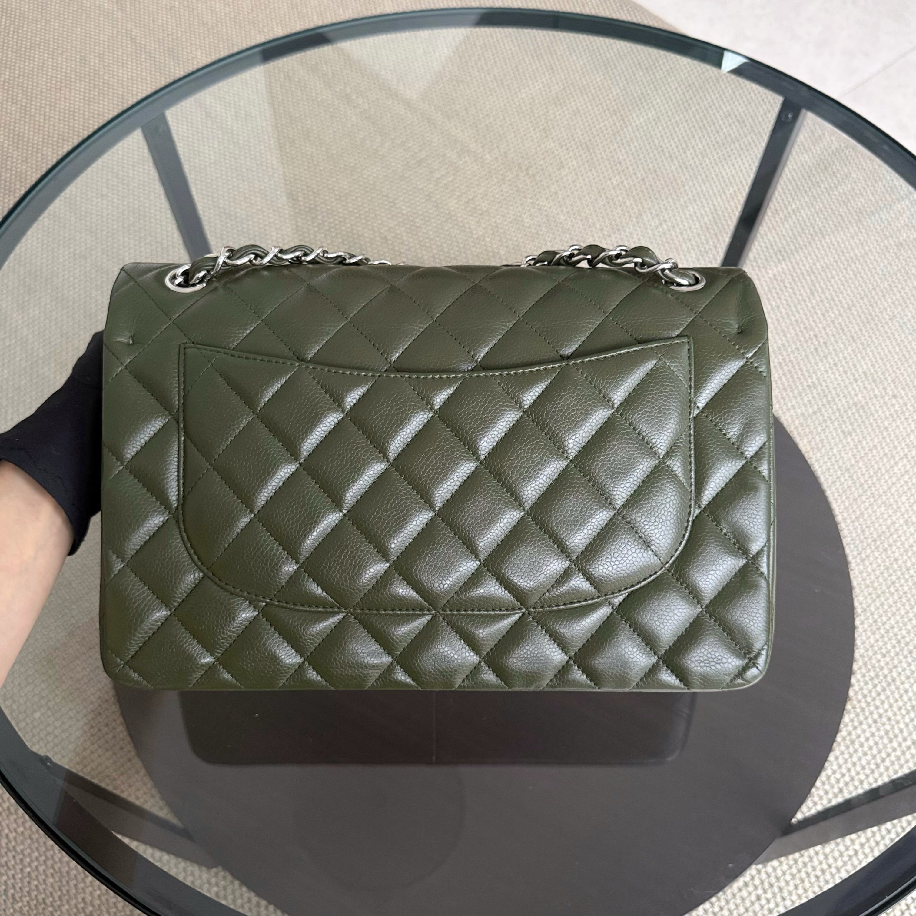 Chanel Classic Flap Jumbo - Caviar 30CM Double Flap Quilted Dark Army Green Silver Hardware Series 14
