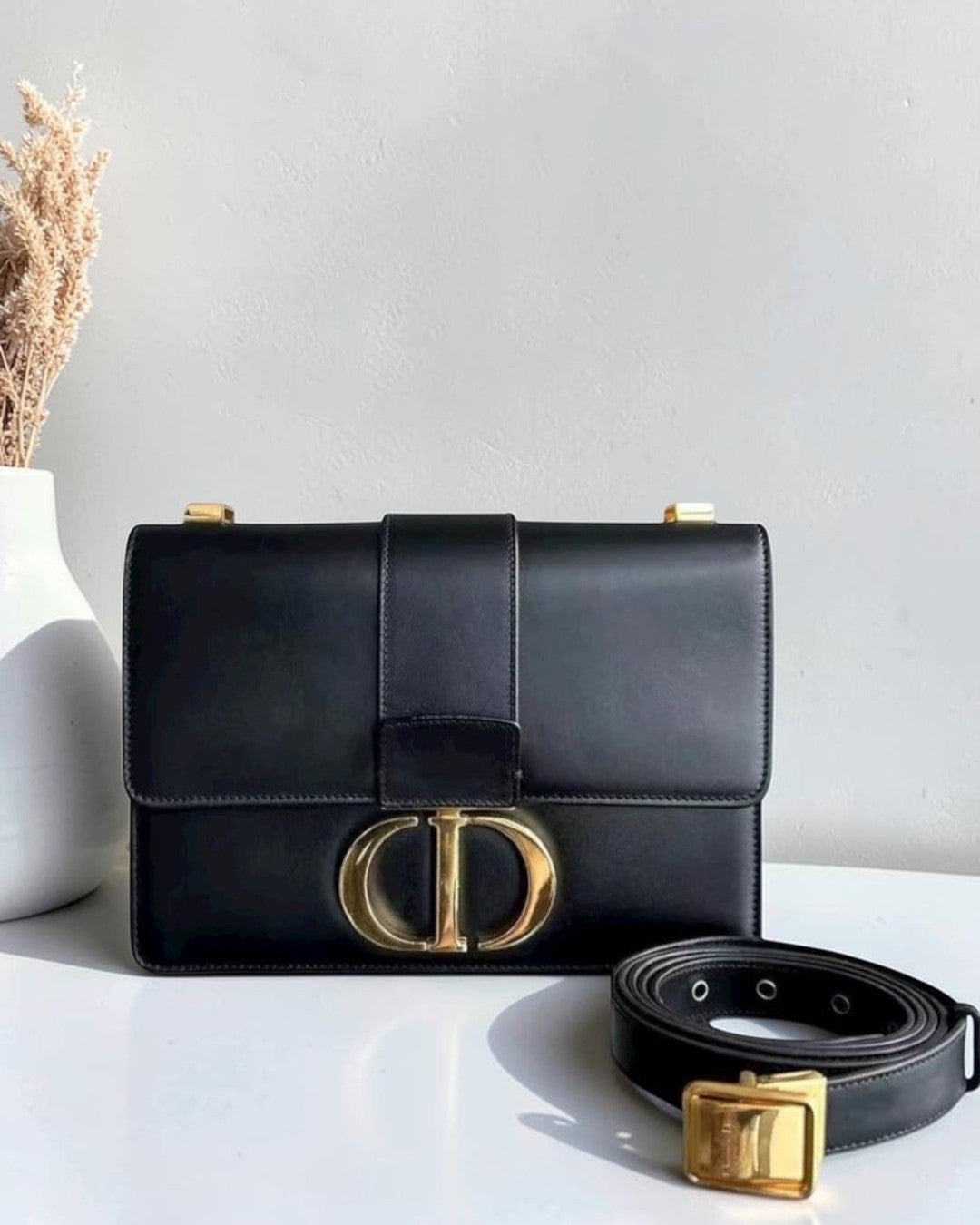 Dior 30 Montaigne - Smooth Calfskin Black Golden Hardware with Strap