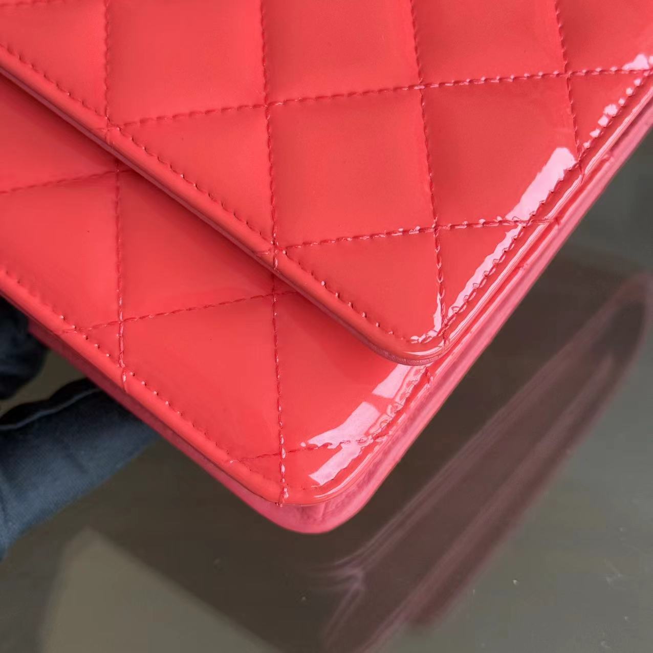 Chanel Wallet On Chain WOC - Quilted Patent Leather Red Pink