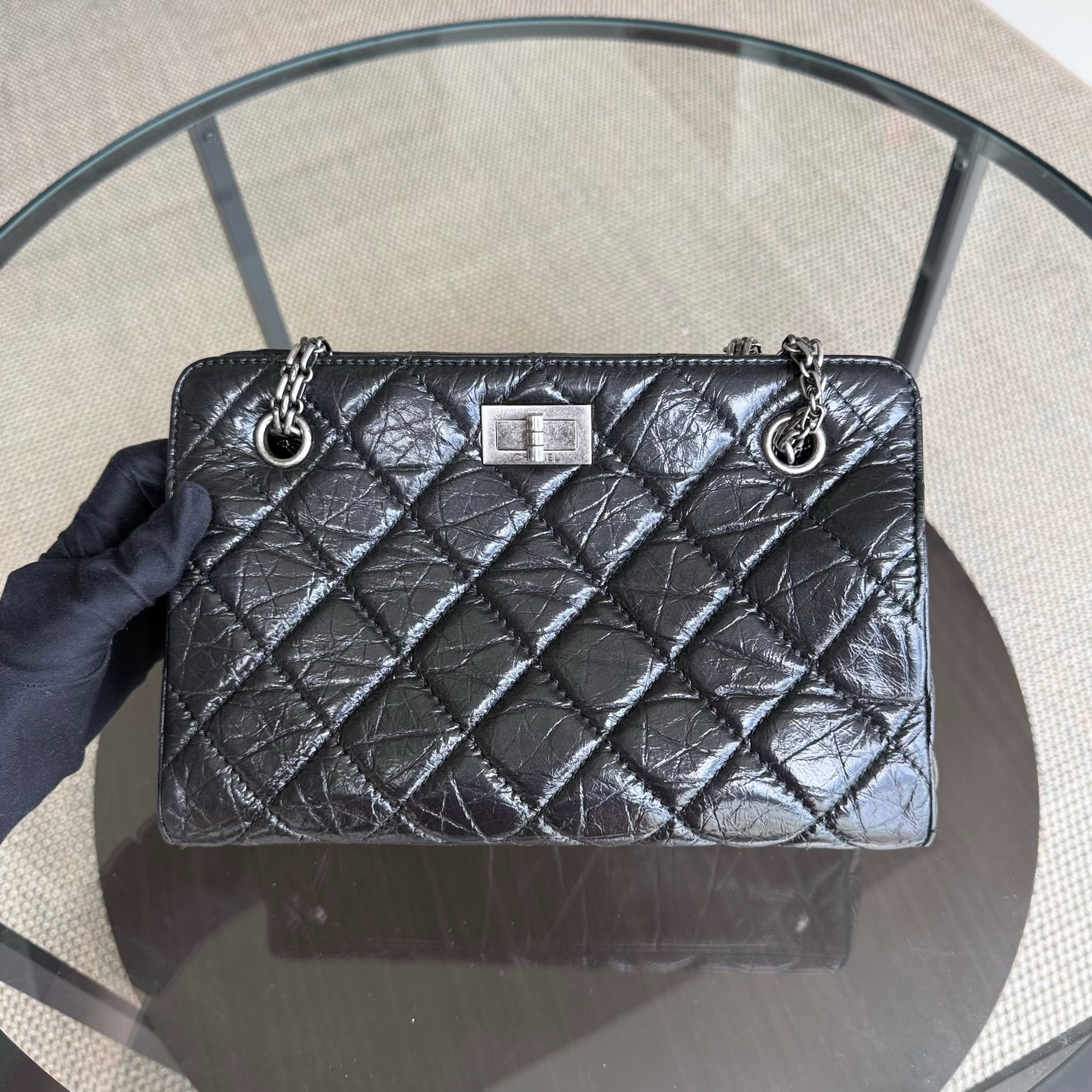 Chanel 2.55 Small Shopping Tote - Quilted Black Glazed Calfskin Silver Hardware Series 20