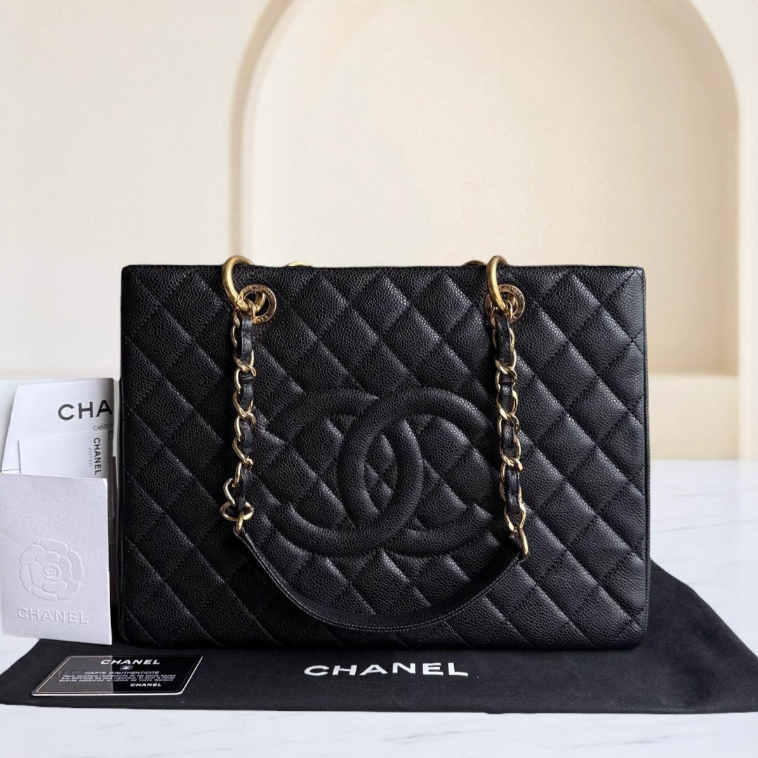 Chanel GST Grand Shopping Tote - Caviar Quilted Grained Calfskin Black Gold Hardware Series 18