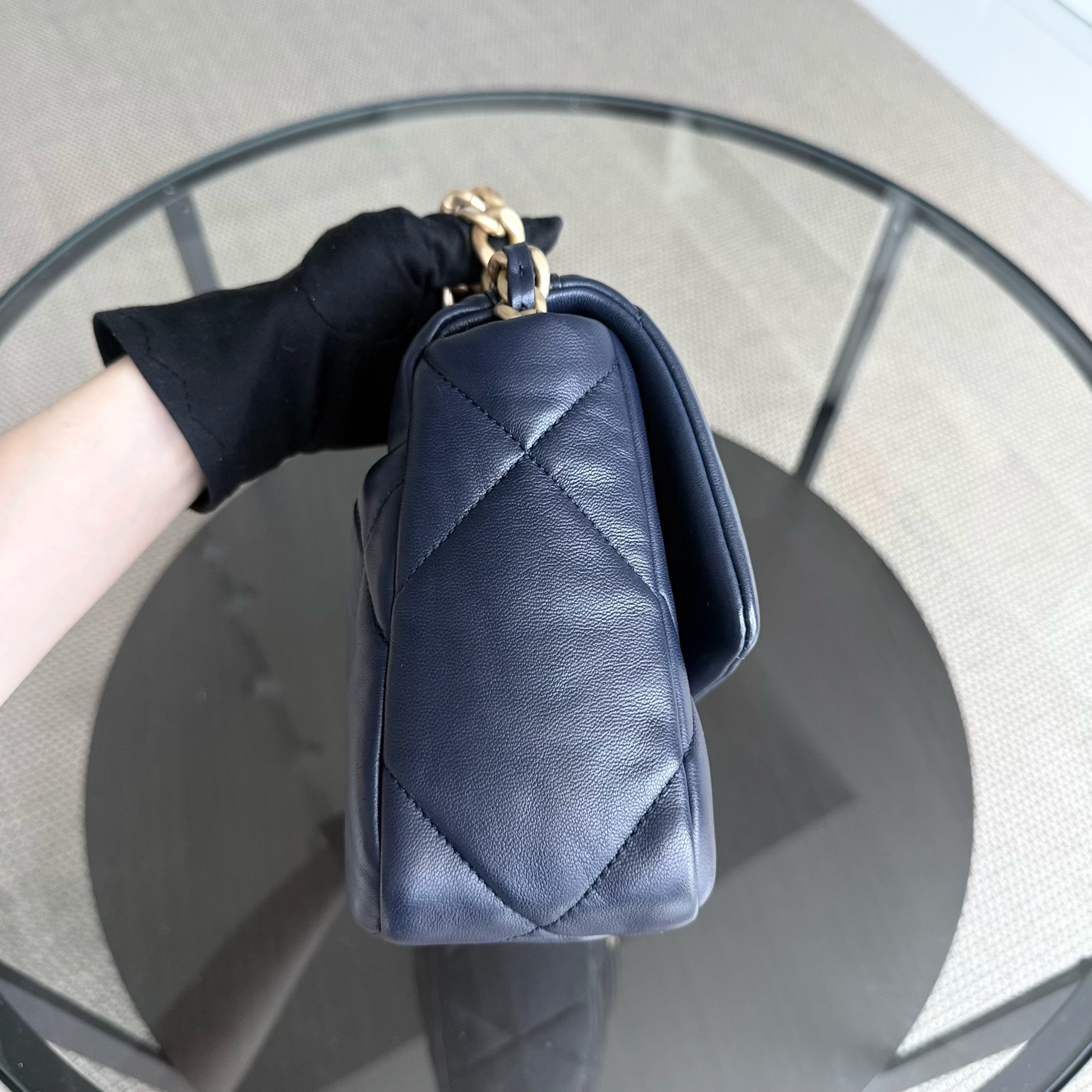 Chanel 19 Bag Small - C19 Quilted Goatskin Dark Navy Blue Two-tone Hardware Series 31