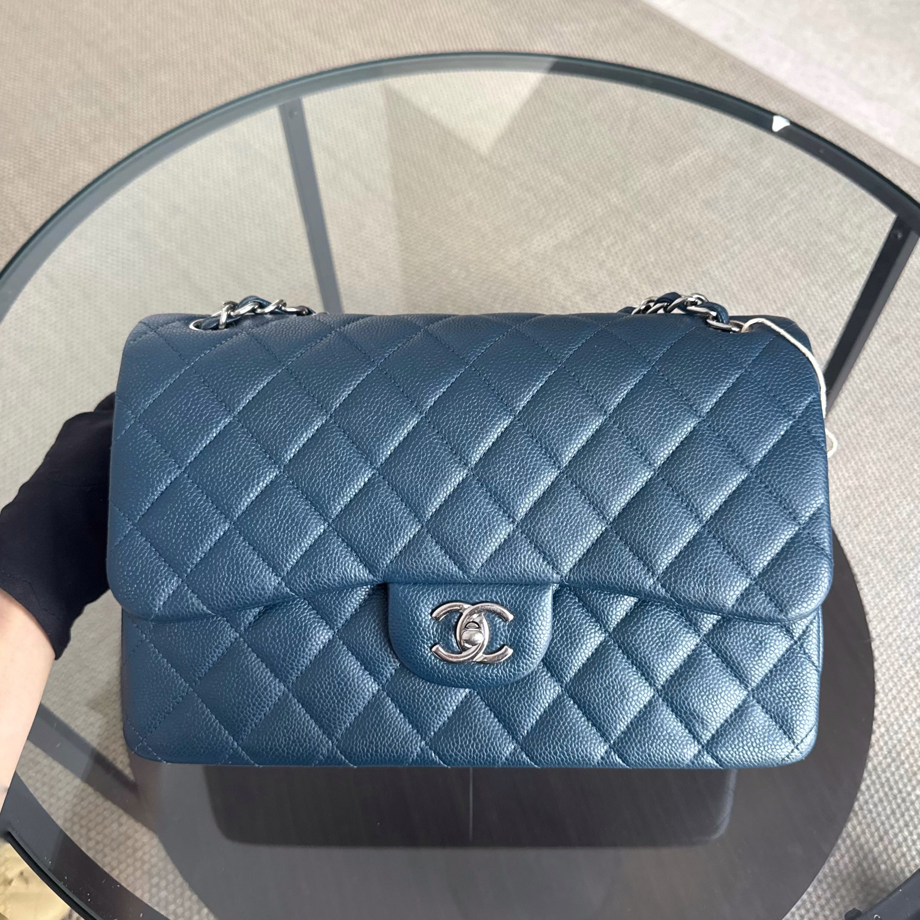 Chanel Classic Flap Jumbo - Caviar 30CM Double Flap Quilted Blue Silver Hardware Series 20