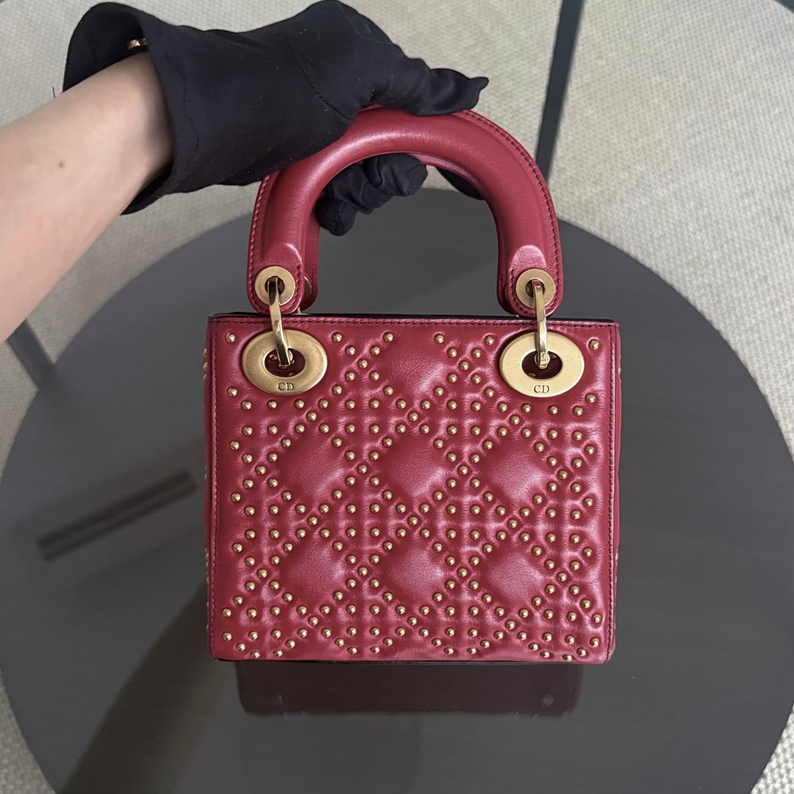 Dior Lady Mini - Valentine Studded Red Golden Hardware