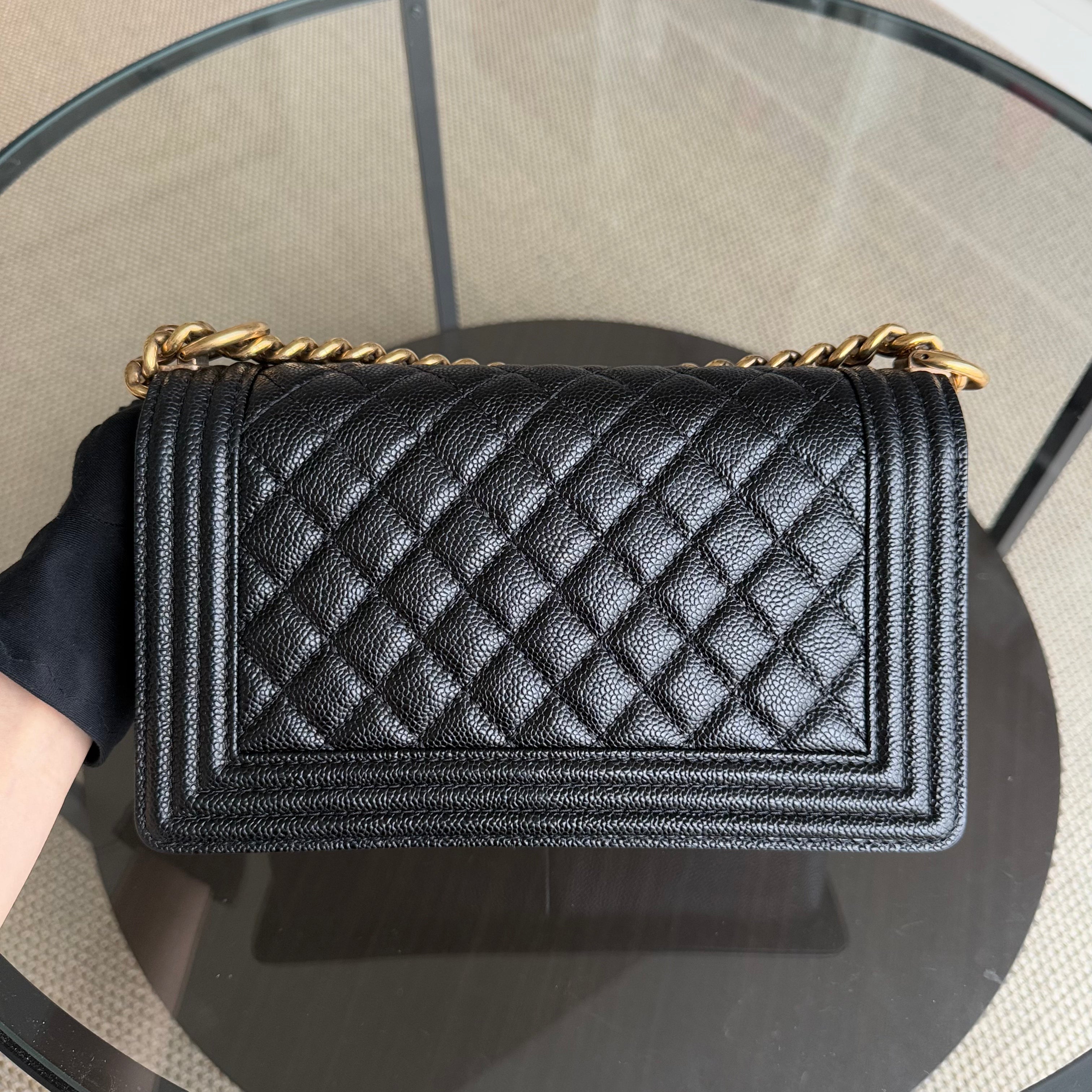 Chanel Boy Medium - Caivar 25CM Quilted Black Ruthenium Gold Hardware Series 20