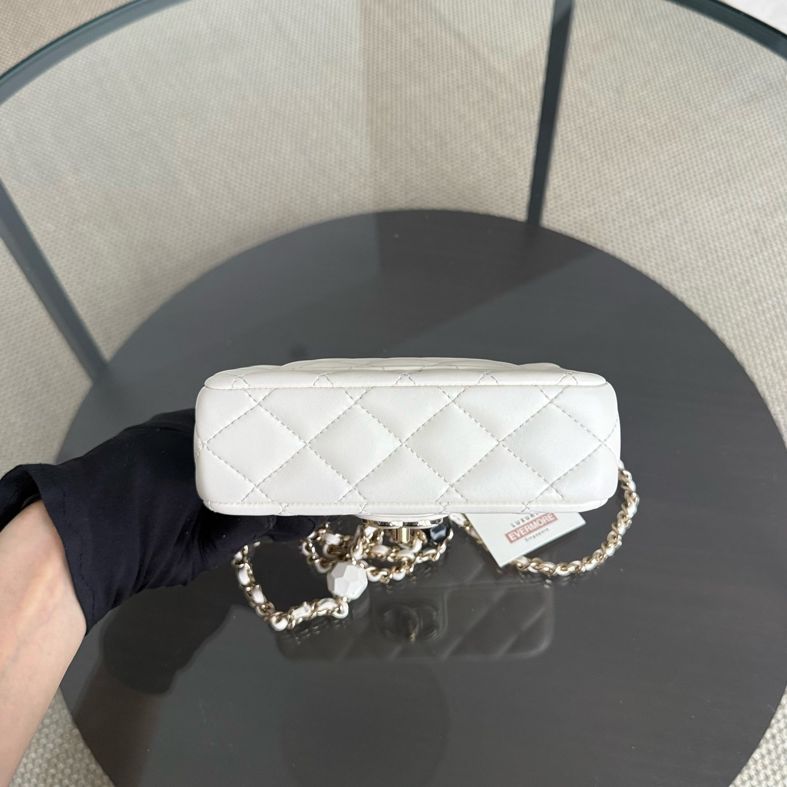 Chanel Classic Flap Mini Square - Lambskin Quilted White Gold Hardware Microchip