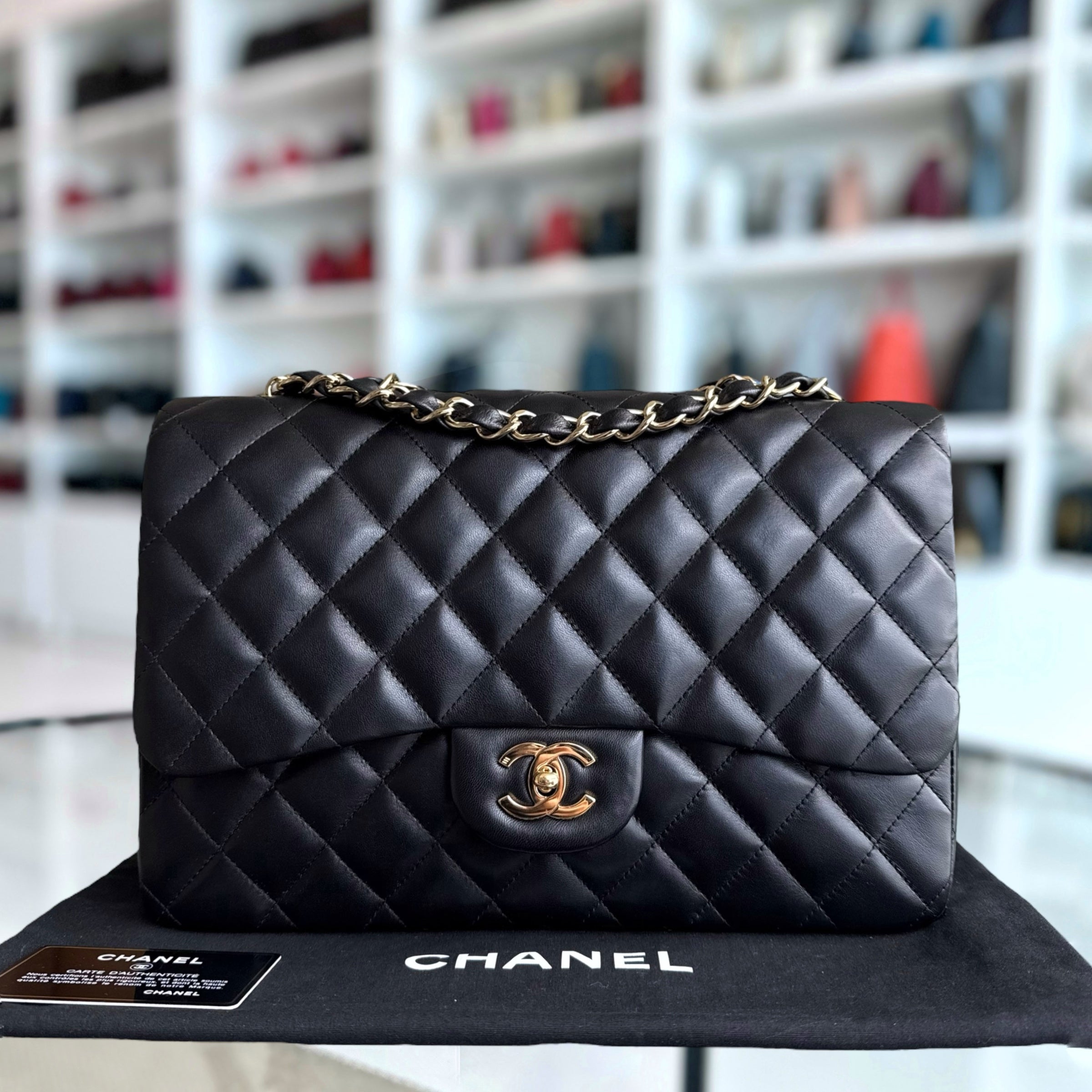 Chanel Classic Flap Jumbo - 30CM Single Flap Quilted Lambskin Black Gold Hardware Series 11