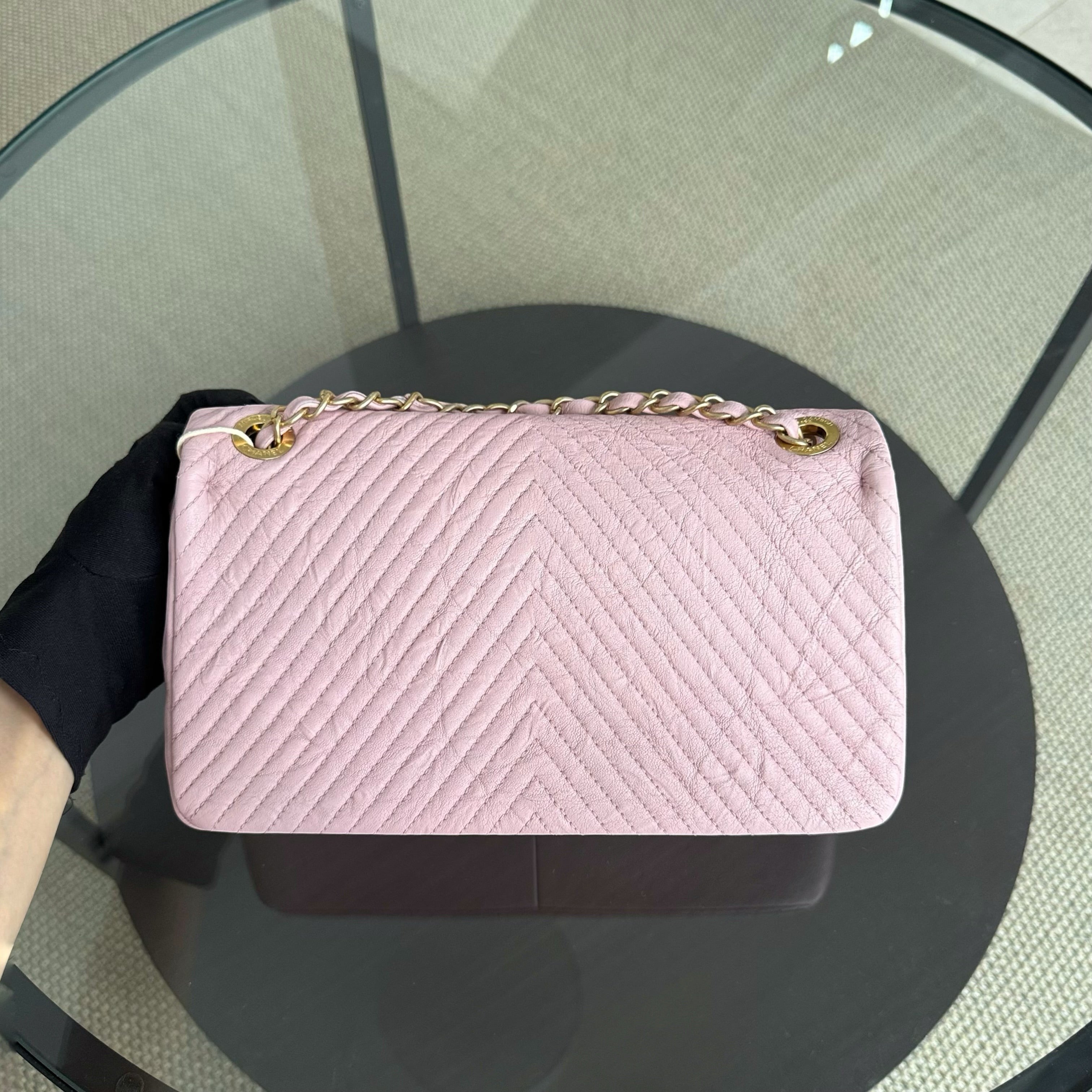 Chanel Herringbone Medallion - Chevron Seasonal Flap Light Pink Aged Gold Hardware Series 21