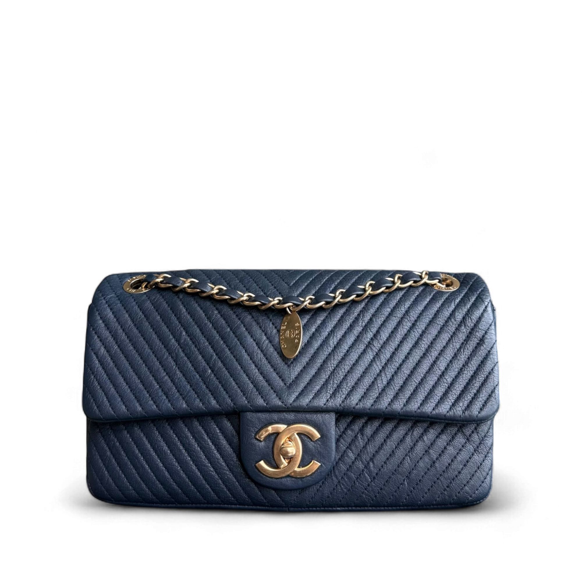 Chanel Seasonal Herringbone Medium Flap - Calfskin Chevron Blue Distressed Aged Gold Hardware Series 21