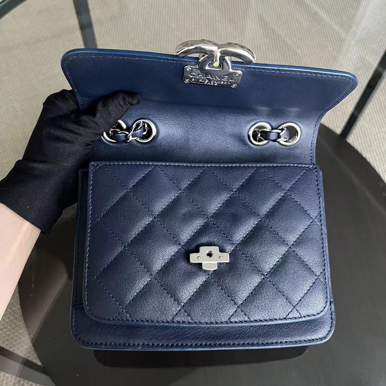 *Full Set, Receipt* Small CC Box Flap Bag Quilted Calfskin Dark Blue Silver Hardware Series 25