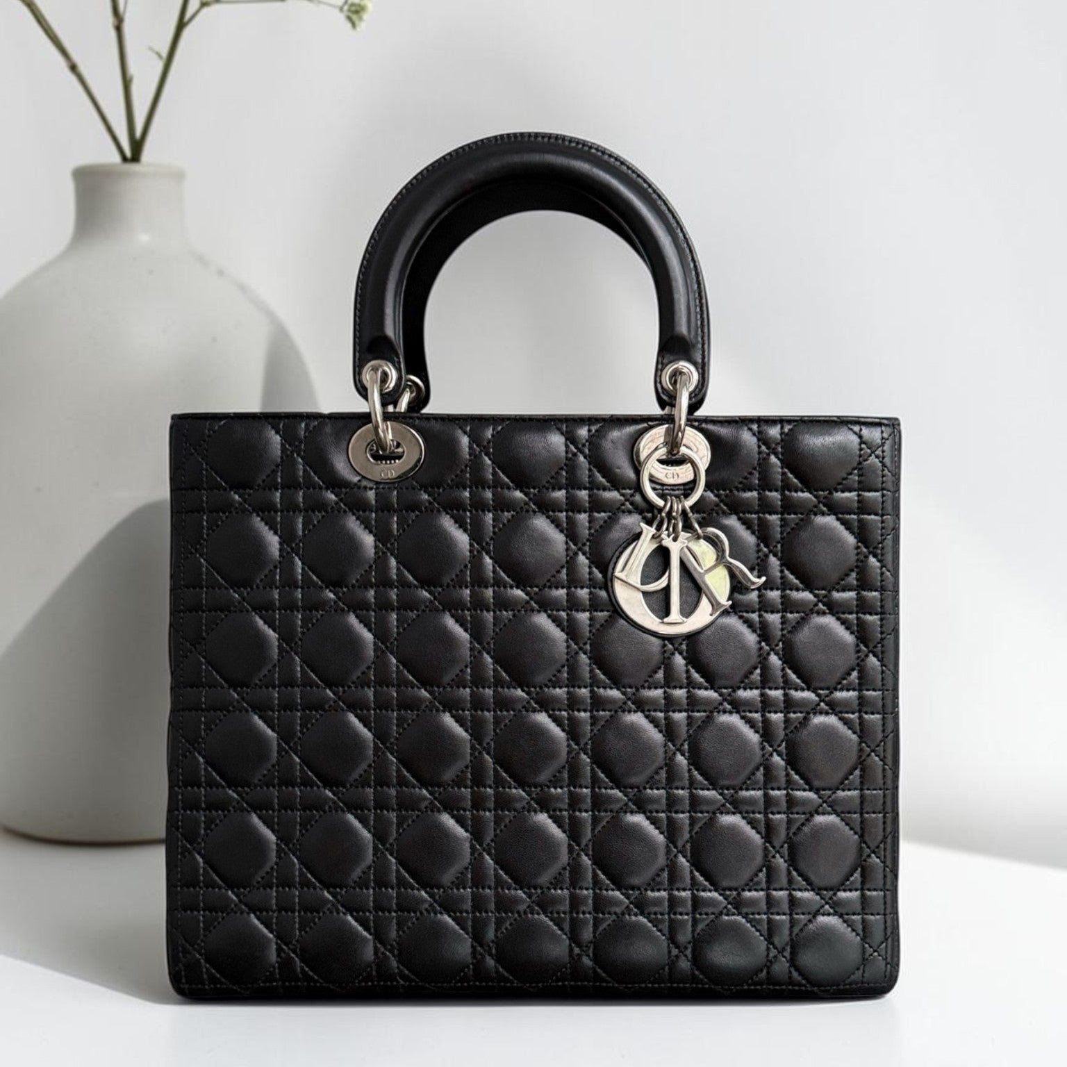 DIor Lady Large - Cannage Lambskin Black Silver Hardware NO STRAP