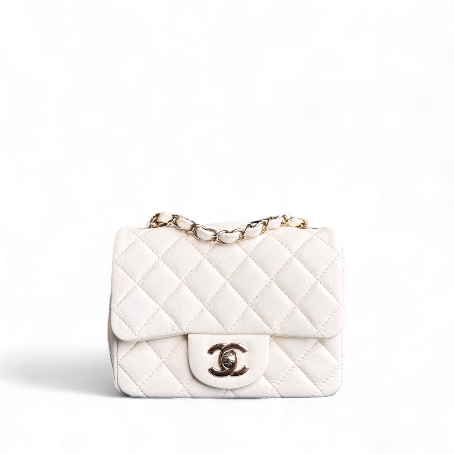 Chanel Classic Flap Mini Square - 17CM Quilted Lambskin White Gold Hardware Microchip