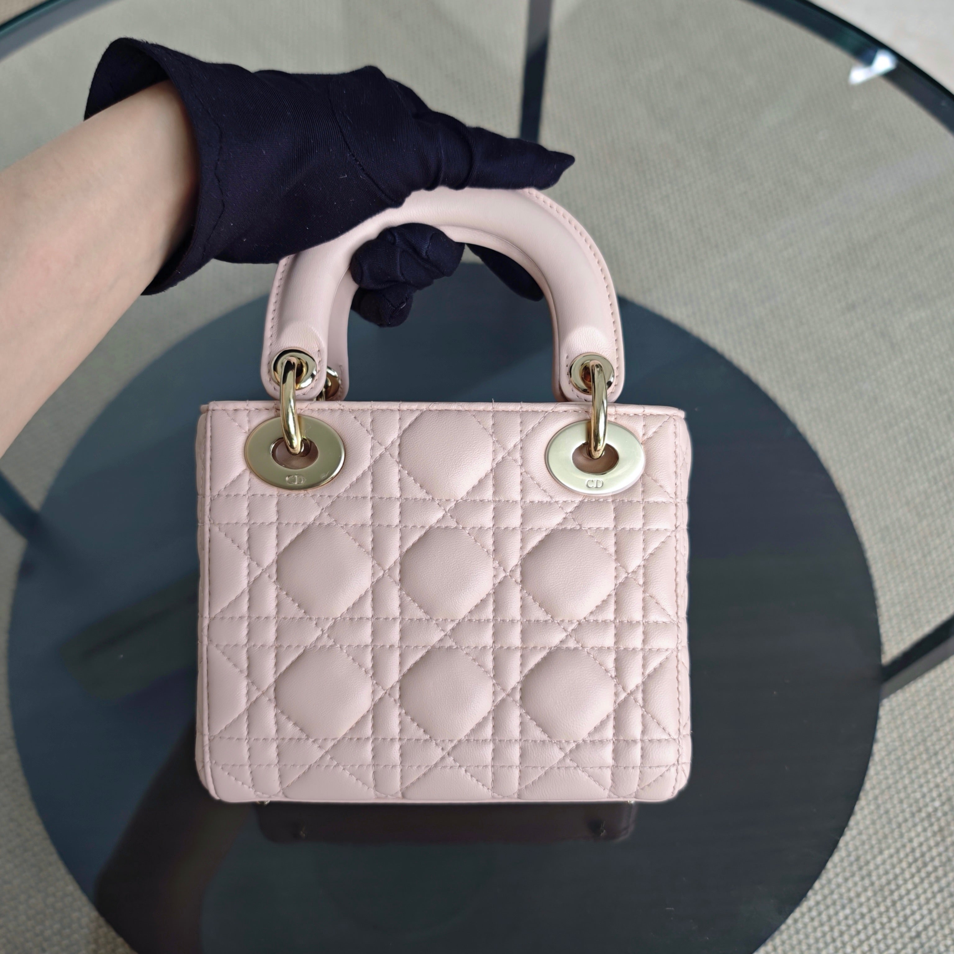 Dior Lady Mini - Cannage Lambskin Light Pink Gold Hardware Adjustable Strap