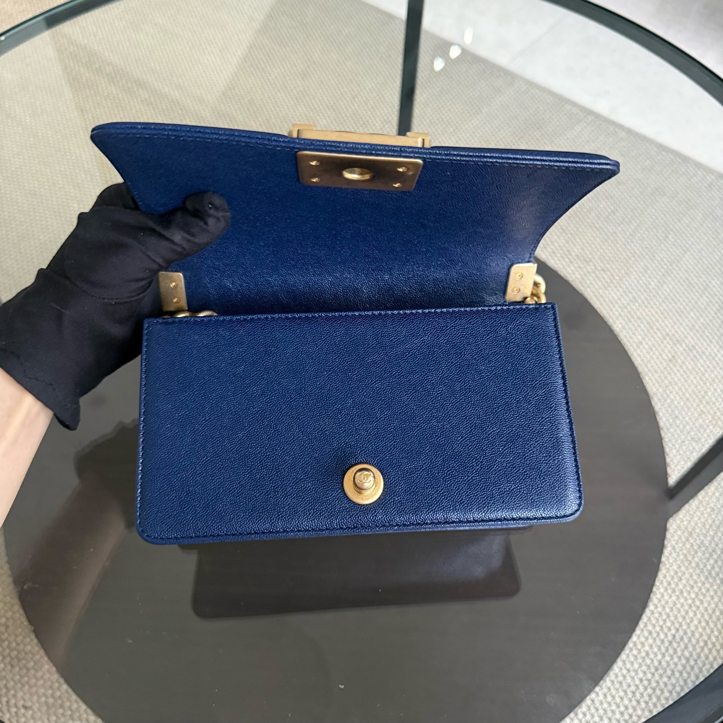 Chanel Boy Small - Caviar 20CM Quilted Dark Blue Gold Hardware Series 26