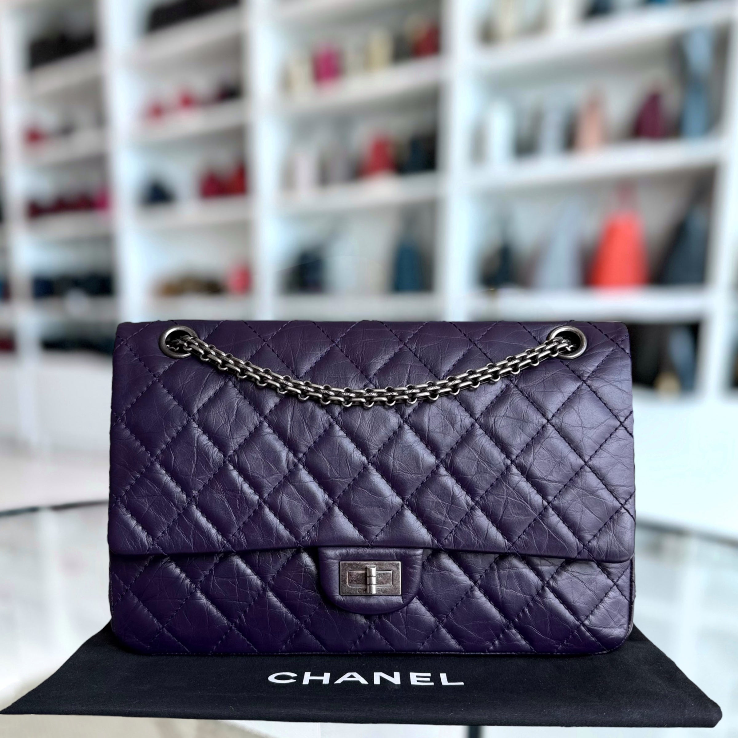 Chanel 2.55 Reissue 226 Medium - Quilted Aged Calfskin Dark Violet Purple Ruthenium Silver Hardware Series 17