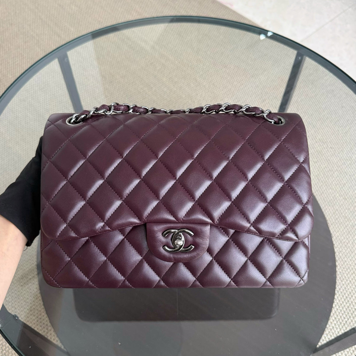 Chanel Classic Flap Jumbo - Double Flap 30CM Quilted Lambskin Dark Maroon Dark Silver Hardware