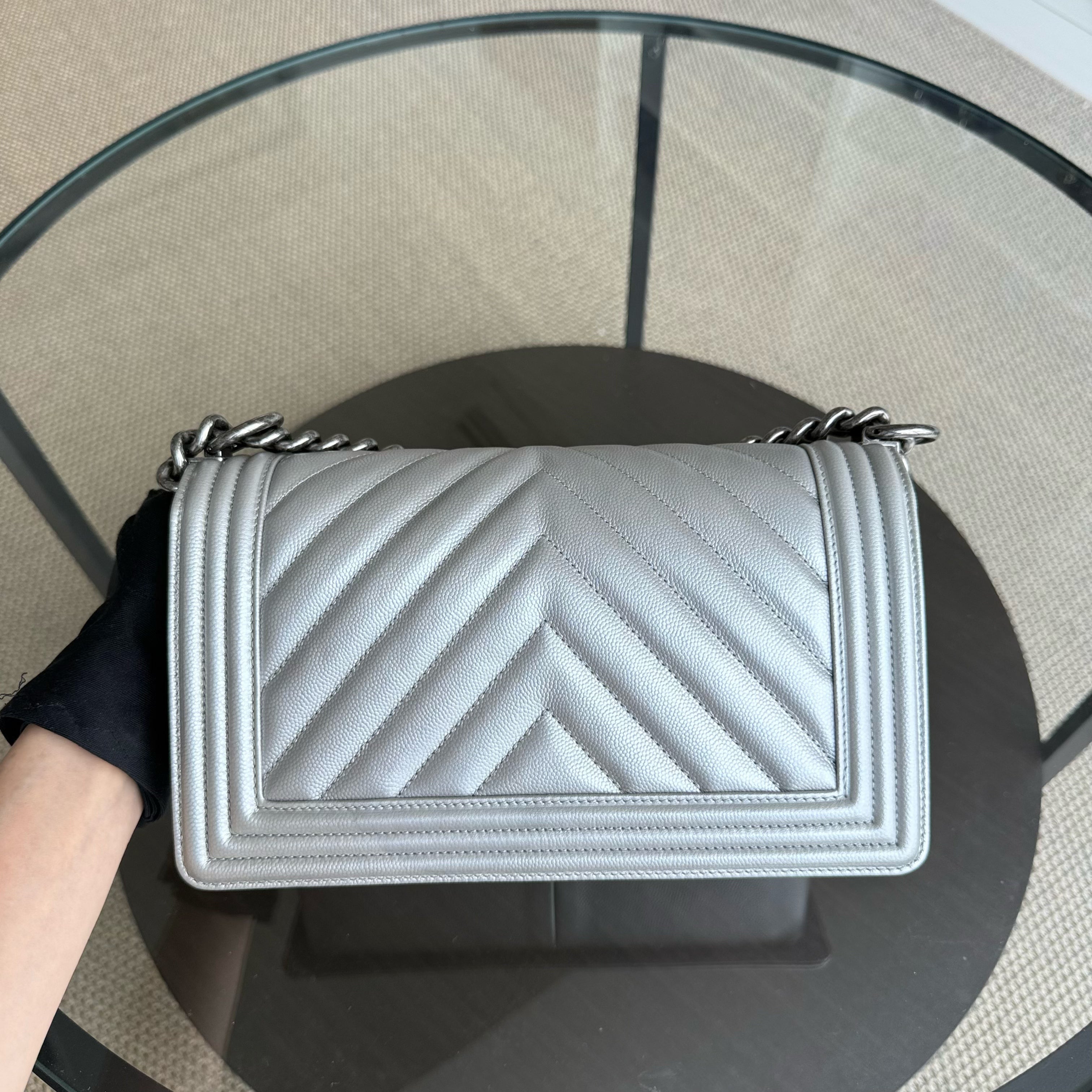 Chanel Boy Medium - Caviar 25CM Chevron Metallic Silver Ruthenium Silver Hardware Series 22